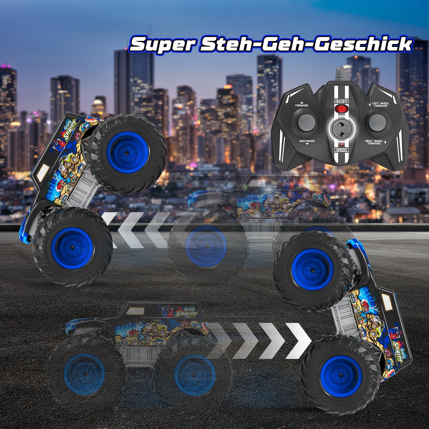 Monstertruck, Ferngesteuerter Monstertruck Ferngesteuert mit Licht, 360°Drehung Monster Truck, Aufrechtes Gehen, Gehen auf dem Kopf, 1:16 2,4GHz Amphibienfahrzeug Ferngesteuertes Auto ab 6 8 Jahre