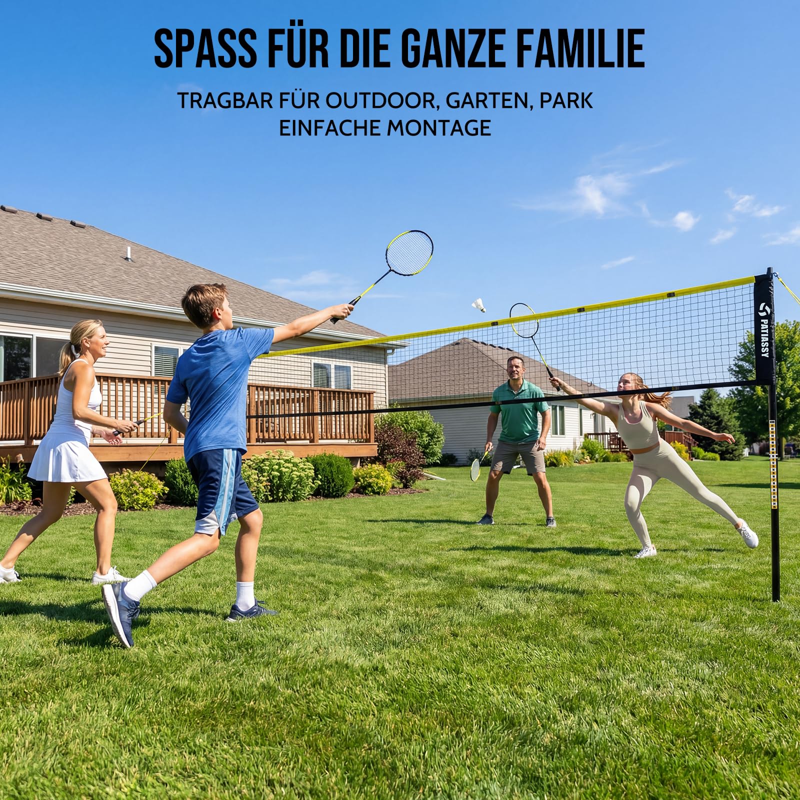 Filet de badminton portable pour le jardin, 3 largeurs réglables, filet de sport 6/5,1/4,2 m avec 4 raquettes de badminton, 3 supports de volants et sac de transport pour l'intérieur et l'extérieur - 3