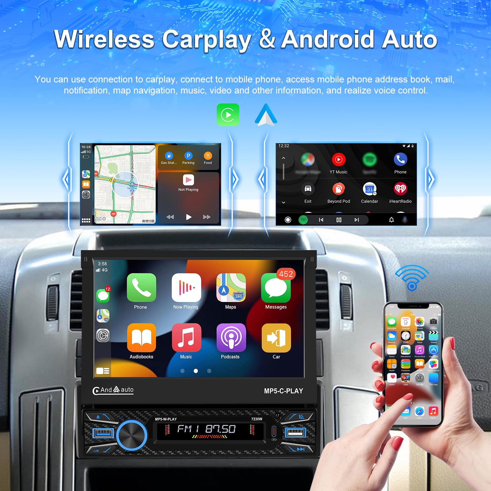 Hikity 7" 1 DIN CarPlay Autoradio avec Bluetooth FM Caméra de Recul | Écran Tactile Android Auto Wireless CarPlay Mirror Link Commandes au Volant USB AUX