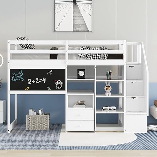Miniatura 3 de MOEO Cama loft de tamaño individual con escritorio extraíble y estantes de almacenamiento y pizarra marco de cama de madera con escalera para niños