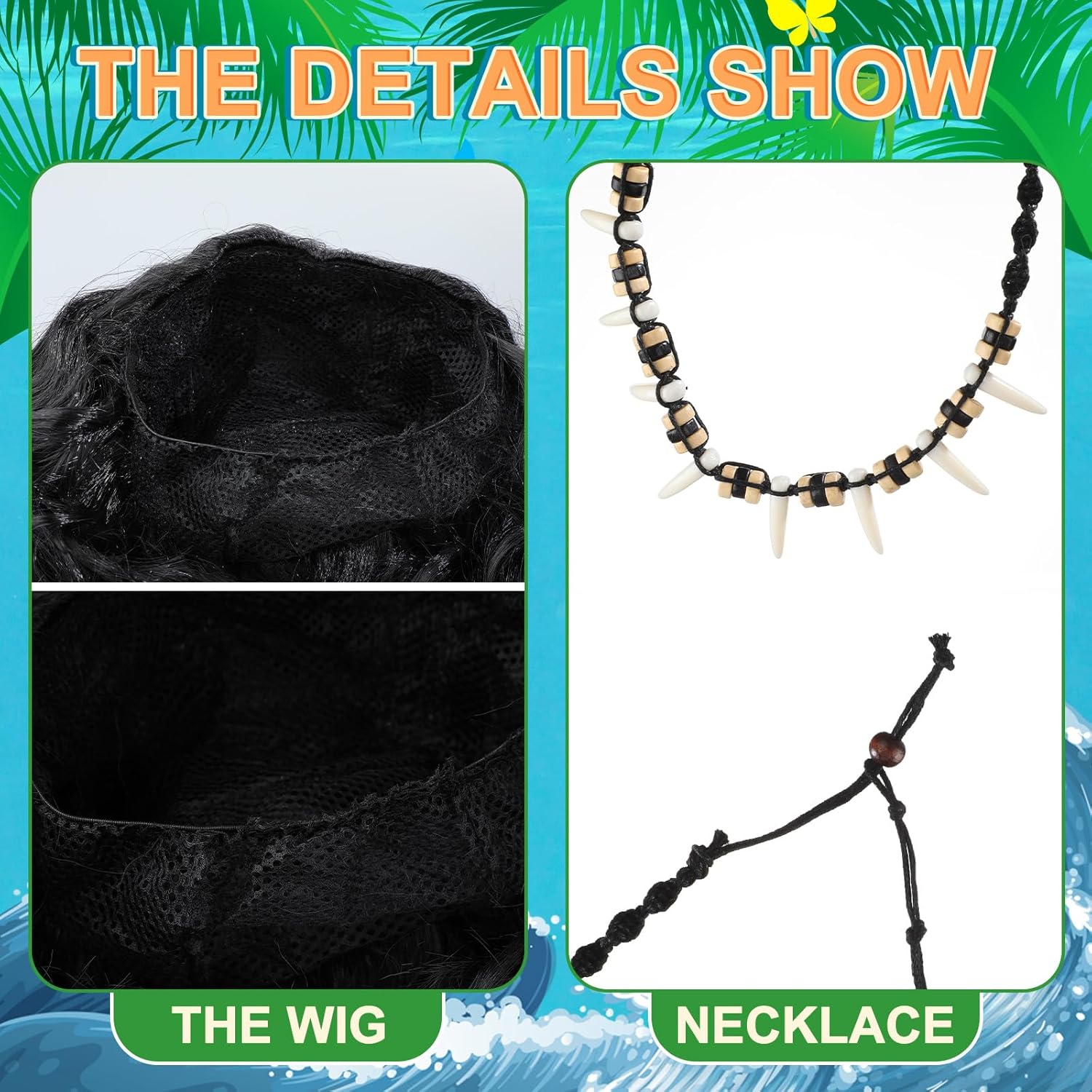 2 Pcs Halloween Costume Accessories for Men: Curly Wig & Hawaiian Tribal Tooth Necklace - Black, One Size - Image 2