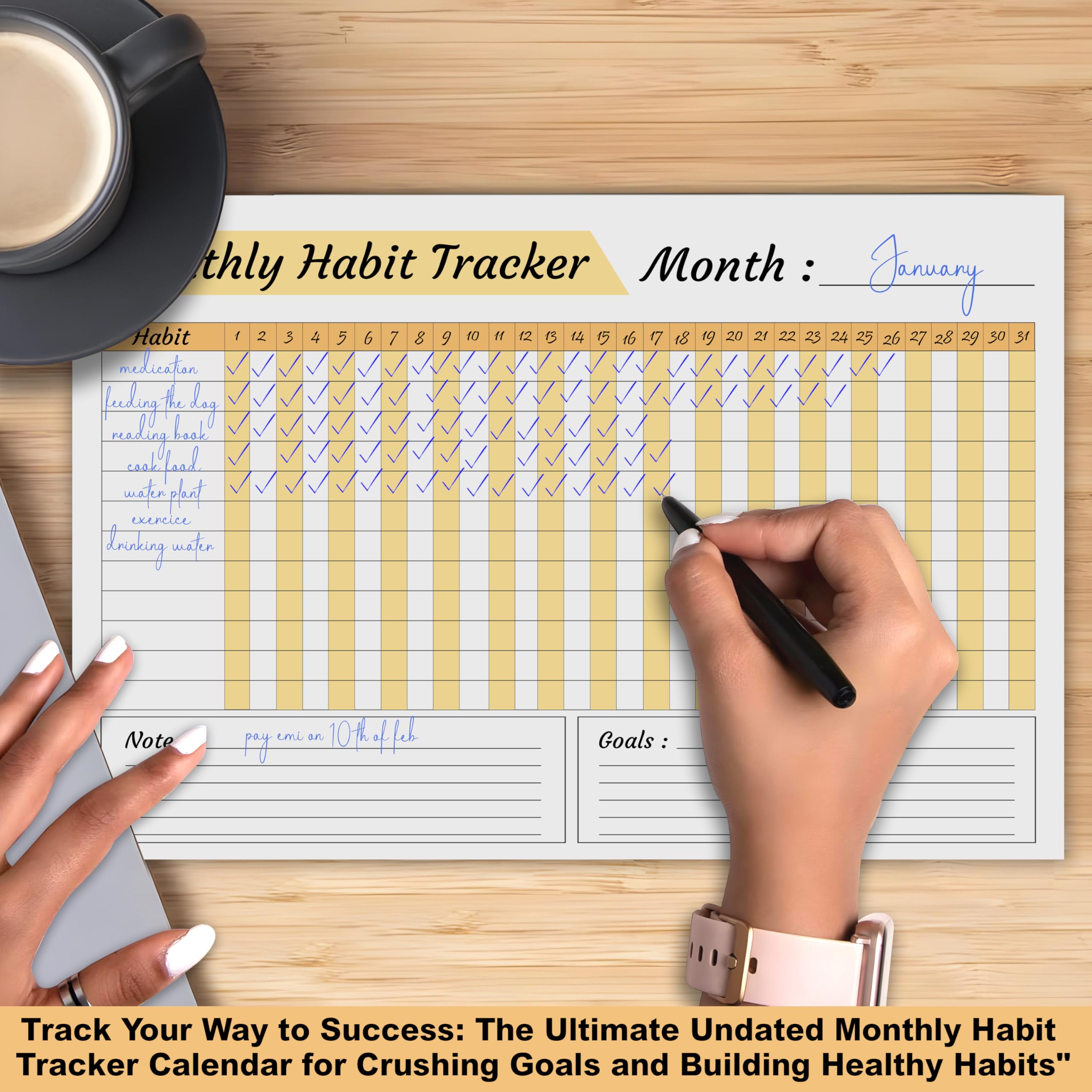 Trueflair Monthly Habit Tracker (A4 Size,13 Sheets) Undated Planner Sheets With Goals For Self Improvement (Design 1) 3