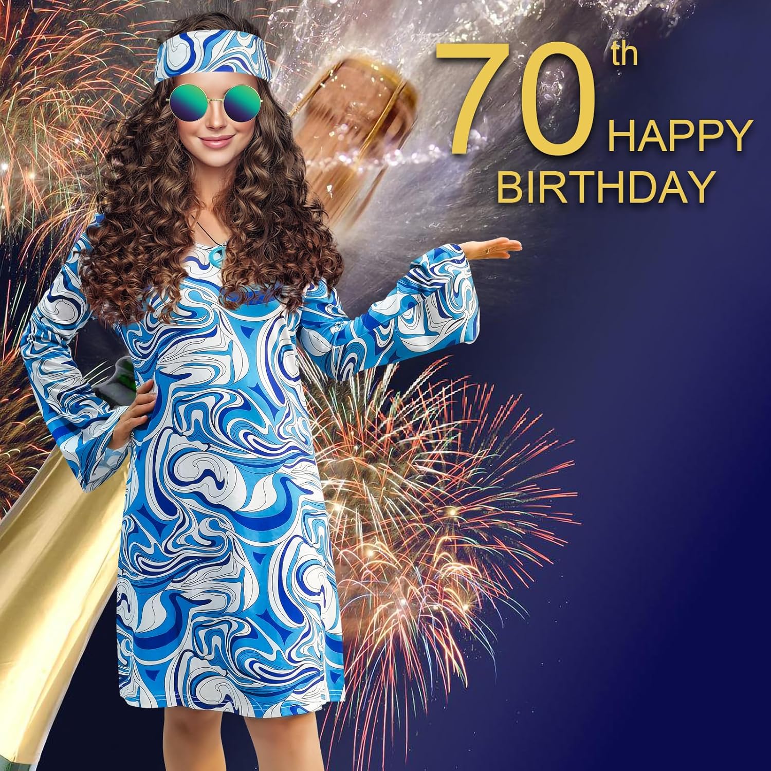 70s Hippie Dress Costumes Necklace Earrings Sunglass Women Disco Outfit, 60s Party Costume, Halloween Retro Dresses - Image 4