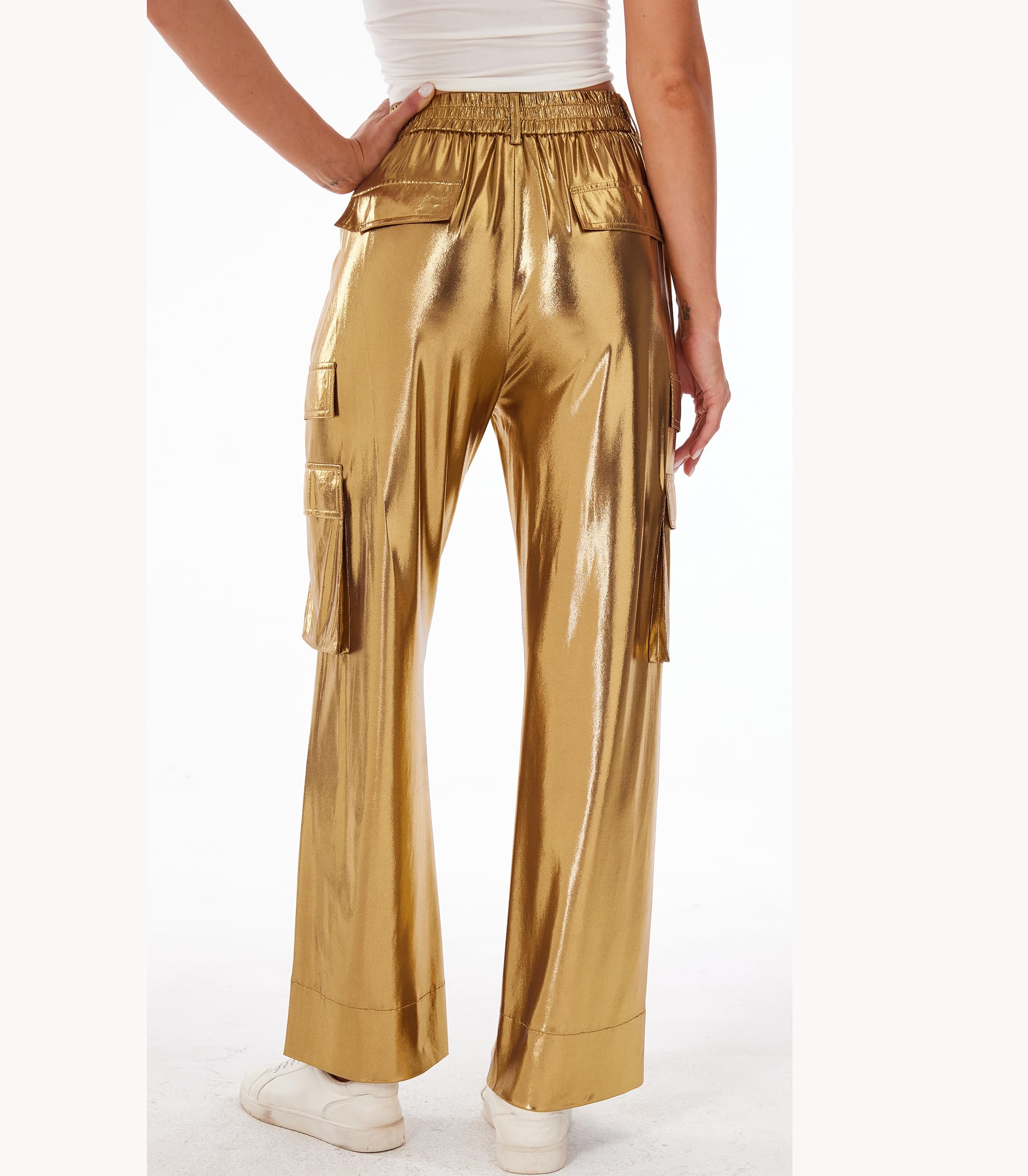 Fakanhui Pantaloni cargo da donna metallizzati lucidi glitterati a gamba larga pantaloni cargo scintillanti per feste, discoteca, discoteca, streetwear