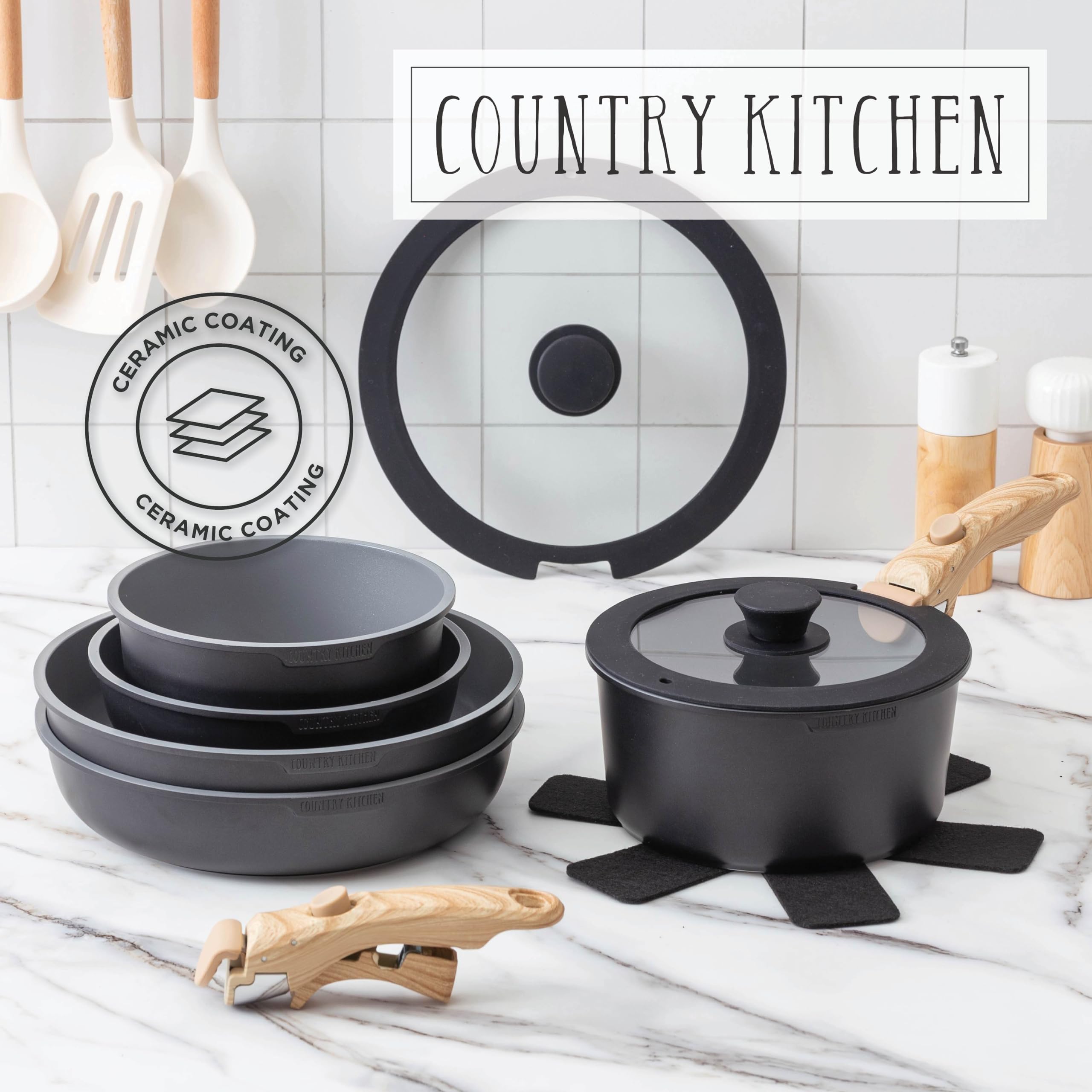 Country Kitchen 16 Piece Pots and Pans Set - Safe Nonstick Ceramic Coating Kitchen Cookware with Soft Touch Wooden Removable Handle, RV Cookware Set, Oven Safe (Black/Grey)