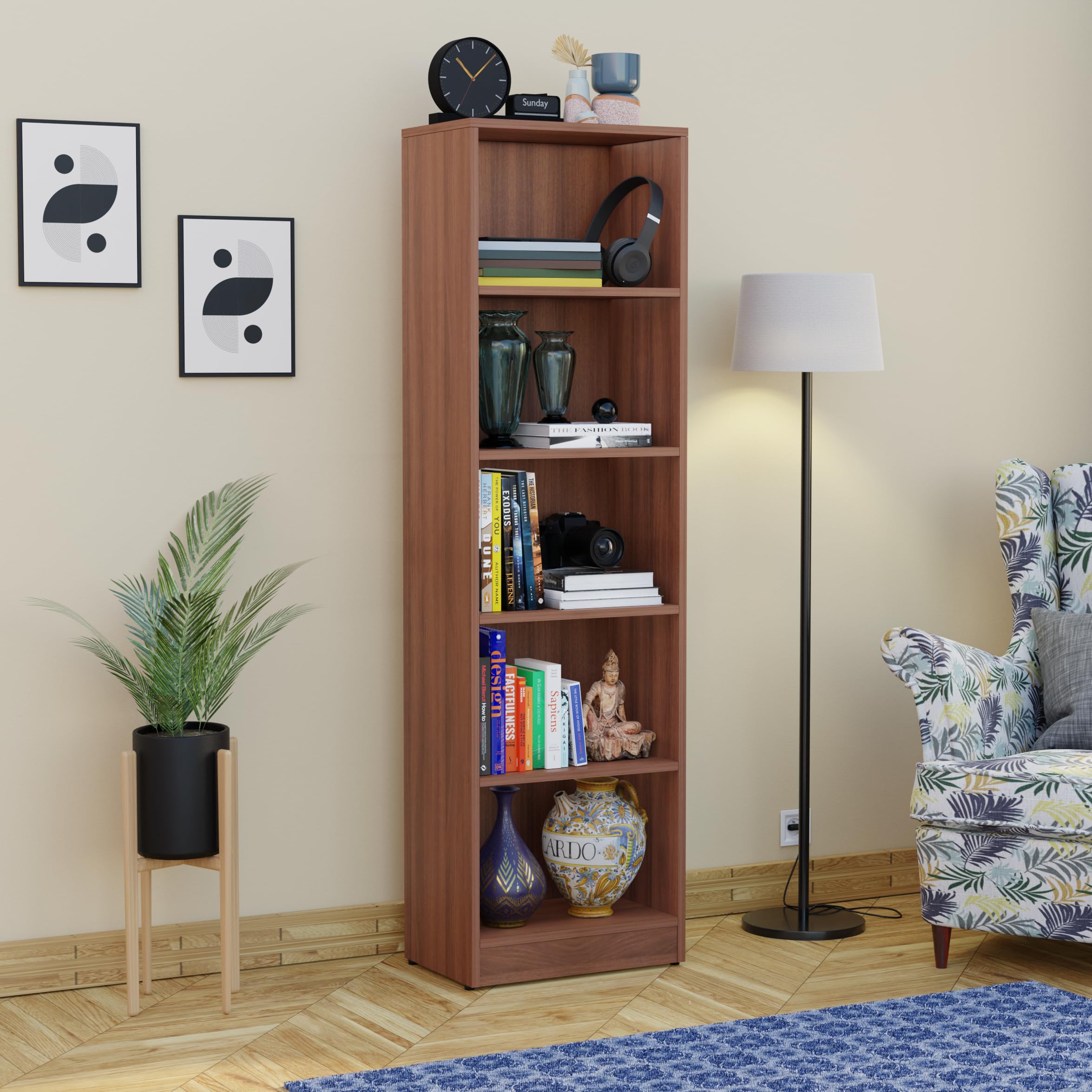 WoodExpress 5 Shelves Engineered Wood Bookshelf Storage Organizer for Living Room Office Home - Walnut Finish