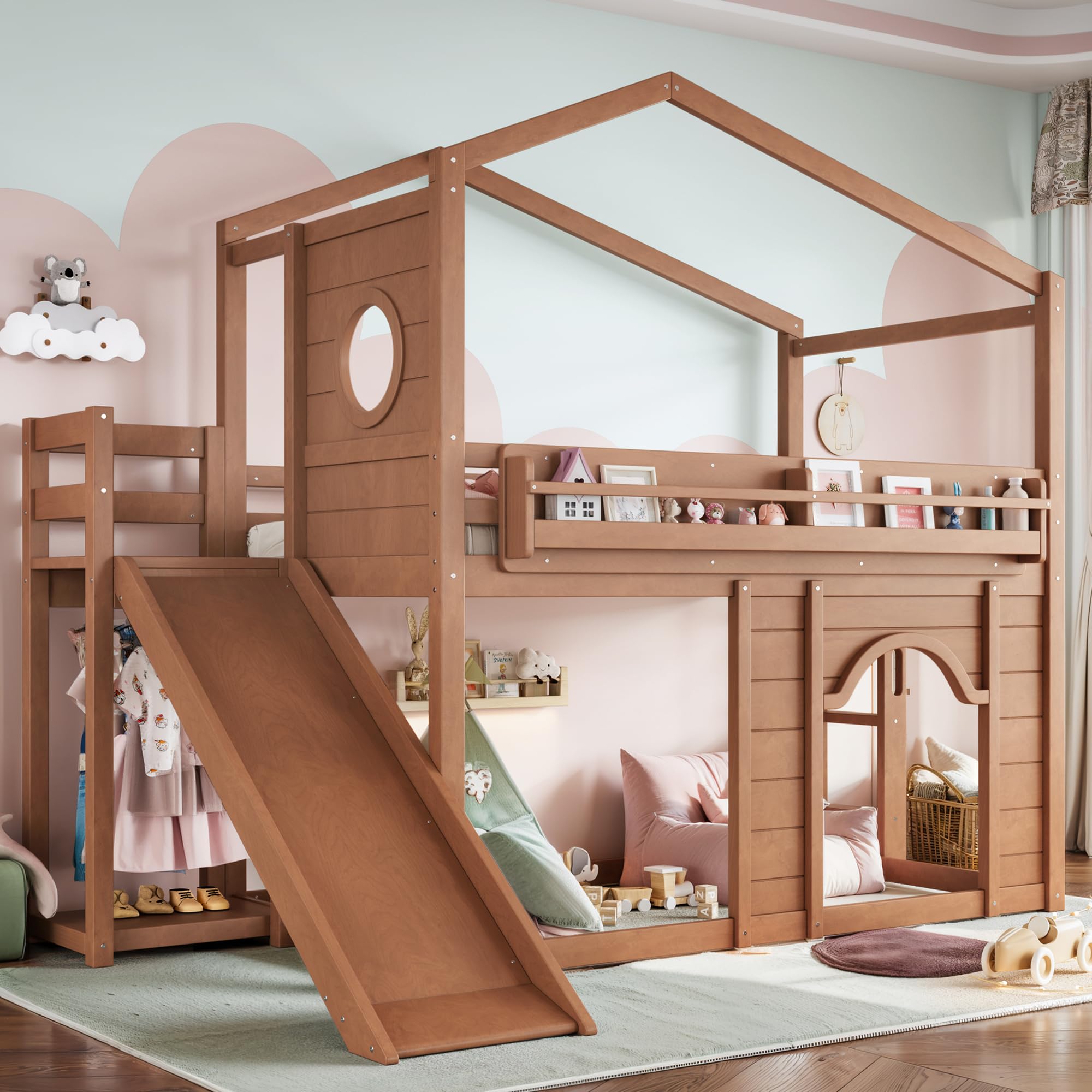 Bellemave Bunk beds Twin Over Twin with Slide,Bookshelf and Wardrobe House roof Design, Low bunk/loft Bed for Kids, Natural