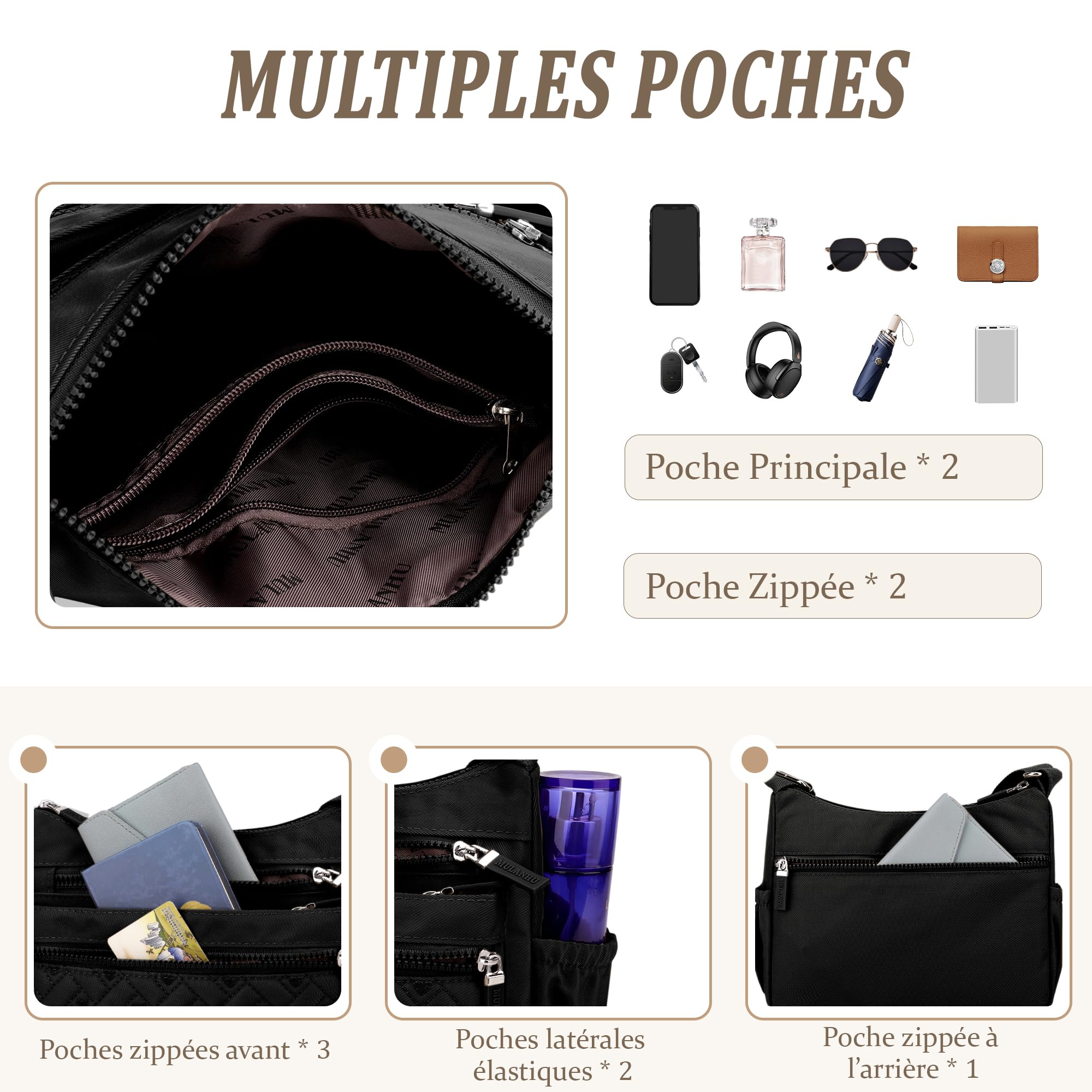 Femme Sac Bandoulière Multi-poches Sac Messenger Léger Résistant Polyester Sac à bandoulière pour Randonnée Voyages Noir