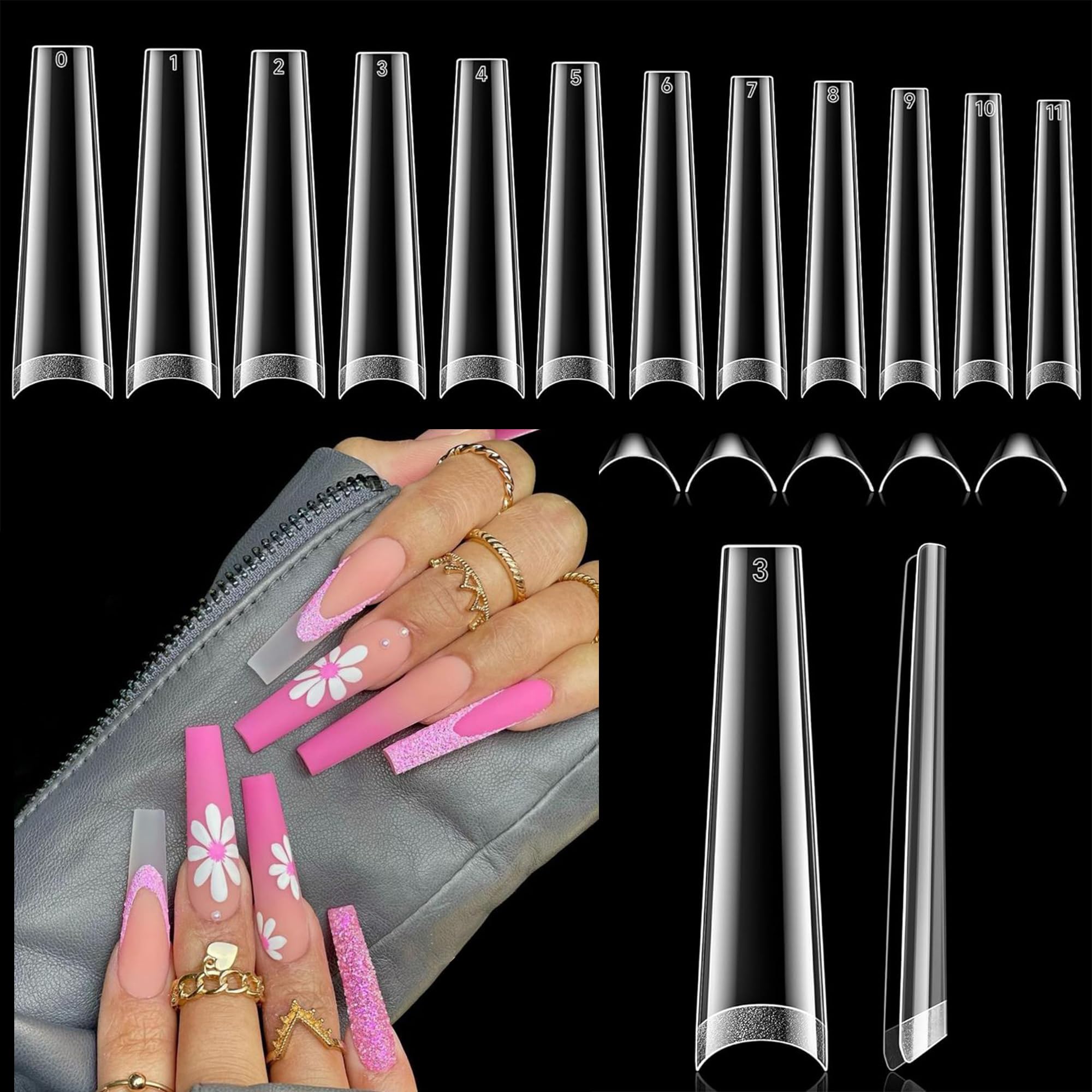 Luckyfairy XXL Long Half Cover Coffin Nails Tips, 240 Pcs Clear Gel Acrylic Nails False Nail Tips Coffin, 12 Sizes Press On Nails with Box for Women & Girls Nail Extension