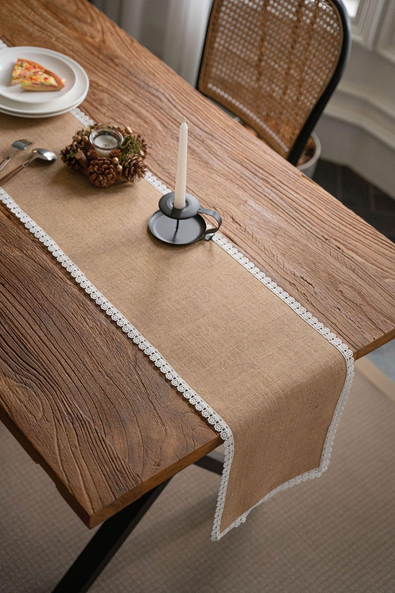 Camino de mesa de yute con dobladillo de encaje, lavable, decoración de casa de campo para bodas, hogar, inauguración de la casa y vacaciones