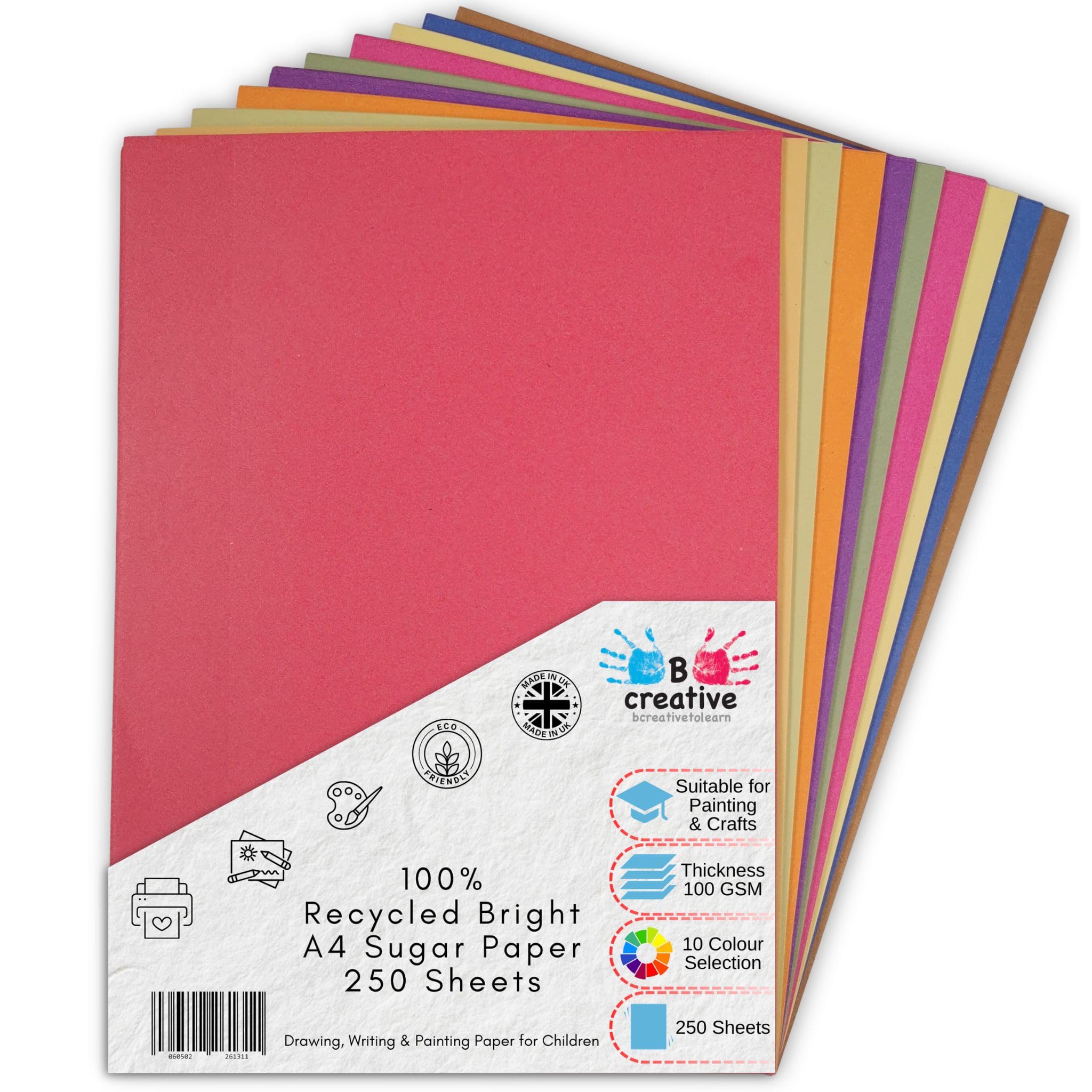 Be Creative A4 Recycled Sugar Paper 29.7 x 21 cm 100gsm – 250 Sheets in 10 Assorted Bright Colours for Arts, Crafts, Drawing & Scrapbooking