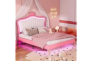 Queen Size Kids Upholstered Bed Frame with LED Lights for Girls and...