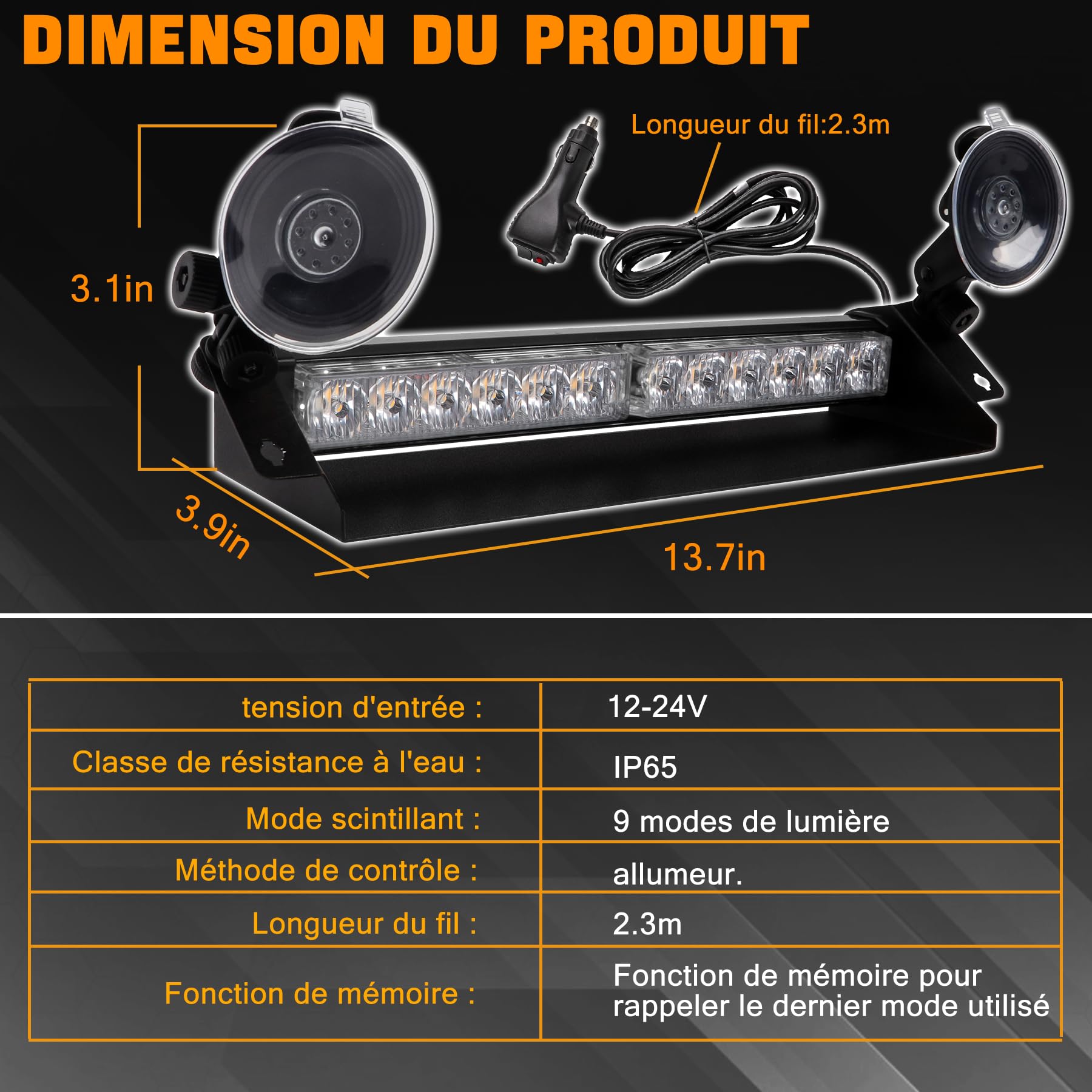 Gyrophare LED Stroboscopique - 35.6cm 12 LED Rampe Gyrophare Led 9 Modes de Flash, 12V-24V Pour Voiture Camion remorque, Feux d'avertissement d'urgence Clignotants (Ambre/Blanc)