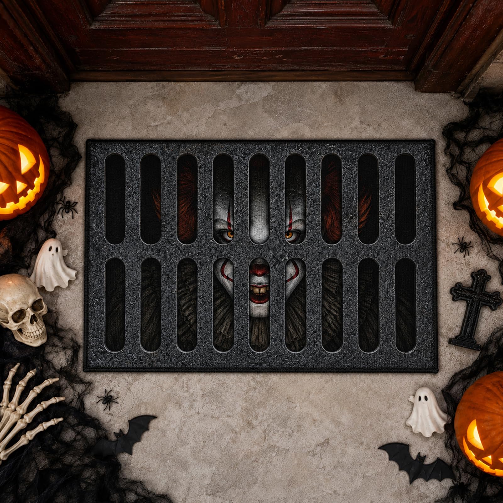 SereneSage Halloween Door Mat, Spooky Front 3D Doormat for Indoor Doorway, Porch (Grey-White Face)