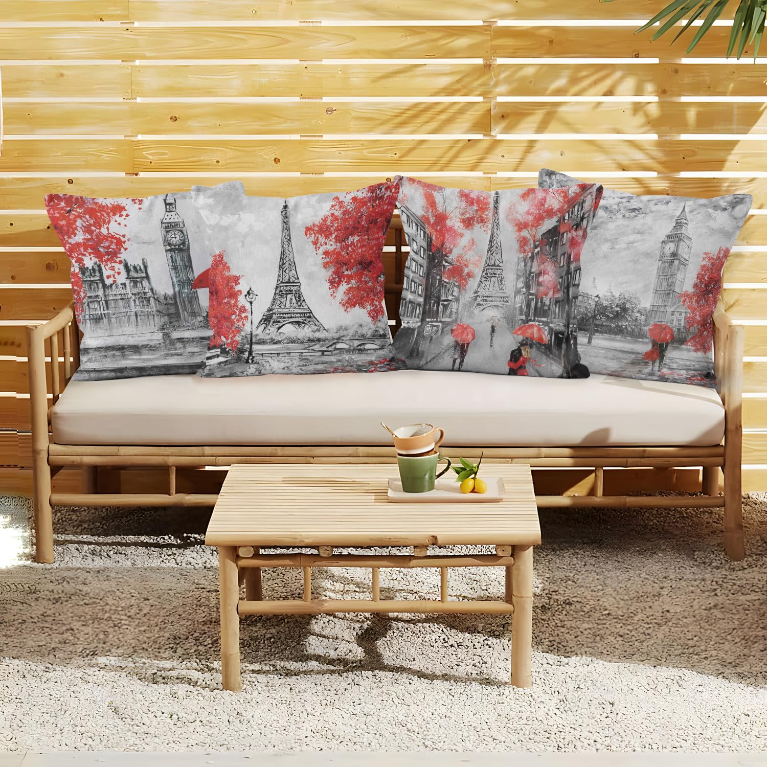 Pack Of 2 Paris-Themed Throw Pillow Covers - Eiffel Tower Square Cushion Cases, 16x16 Inches, Grey Teal