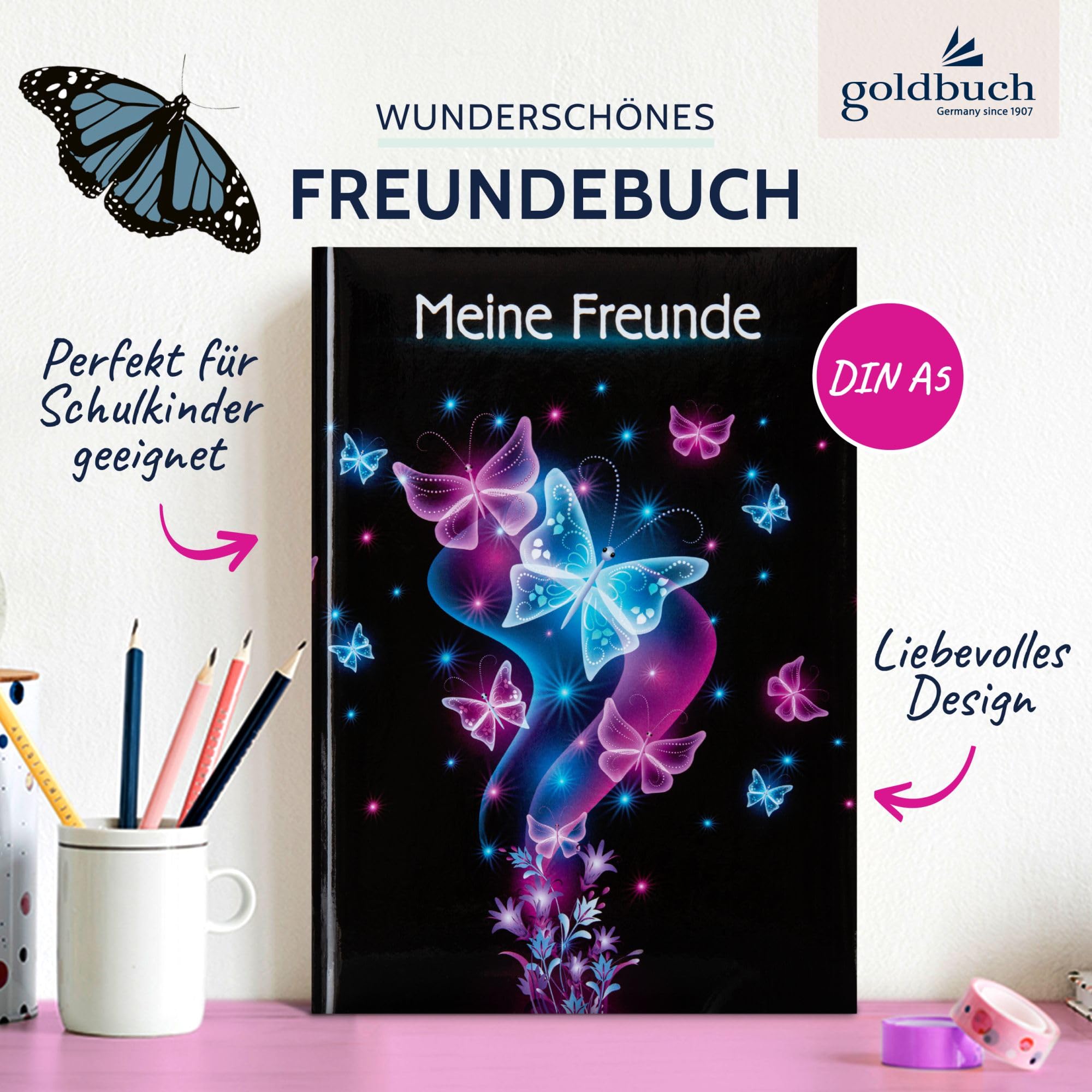 Goldbuch Livre d'amitié A5 88 pages Motif papillon Noir/rose/bleu