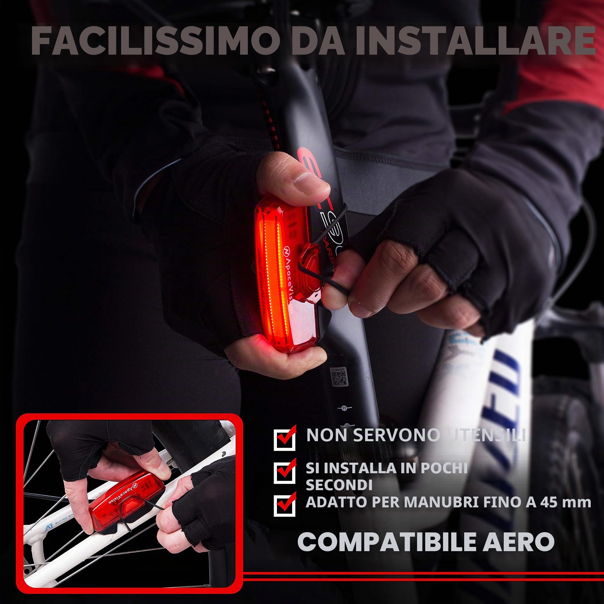 Luce Posteriore USB Ricaricabile per Bicicletta by Apace Attacco Universale– Fanale Posteriore Bici a LED Super Luminoso 100 Lumen - Luci Rosse MTB Posteriori per Una Sicurezza Ottimale in Bicicletta
