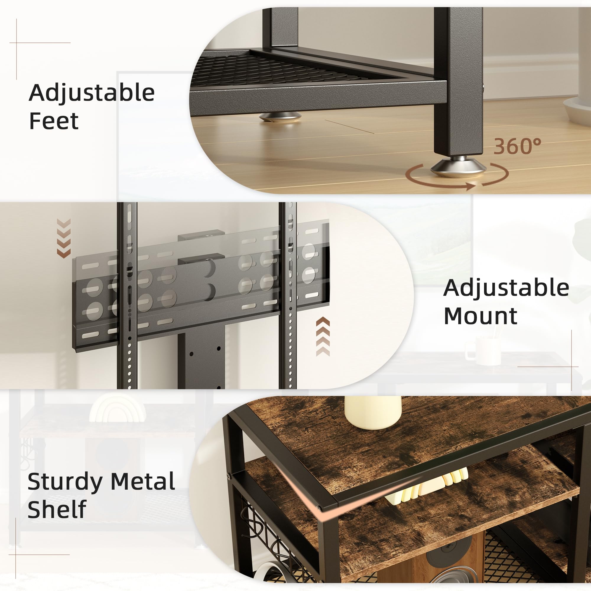 VECELO 63" TV Stand with Mount and Power Outlets, Entertainment Center Console with Open Storage Shelves, Height Adjustable Mount up to 75”, Wooden Table and Metal Frame for Living Room, Rustic Brown