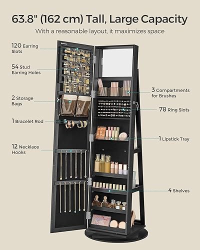 Miniatura 4 de SONGMICS Armario giratorio de 360, organizador de joyas con cerradura con espejo de cuerpo entero, estantes de almacenamiento traseros, espejo