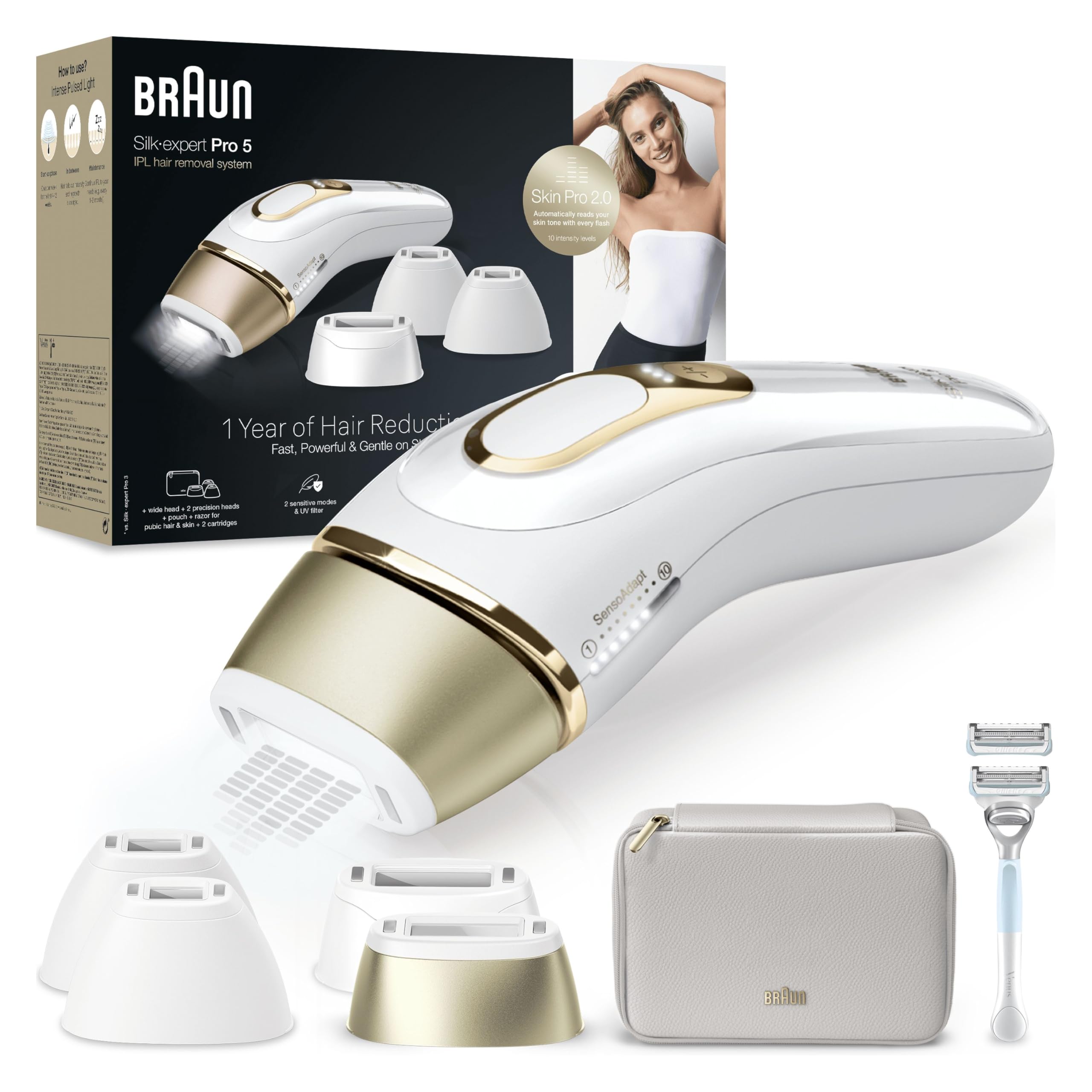 Braun Silk-Expert Pro 5 PL5356 IPL, usuwania owłosienia w warunkach domowych, alternatywa dla depilacji laserowej, w zestawie saszetka, golarka Venus, 4 głowice, prezent dla kobiet, biały/złoty
