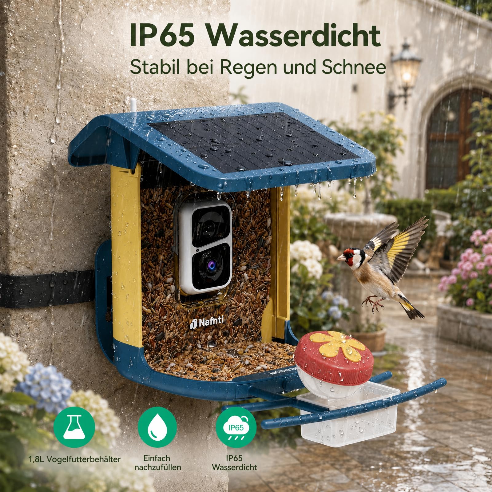 2K Vogelhaus mit Kamera, solarbetrieben, KI identifiziert über 10.000 Vogelarten, 1.8L, IP65 wasserdicht, 2,4 GHz/5 GHz, Vogelbox-Kamera mit Vollfarb-Nachtsicht, Geschenk für Vogelliebhaber