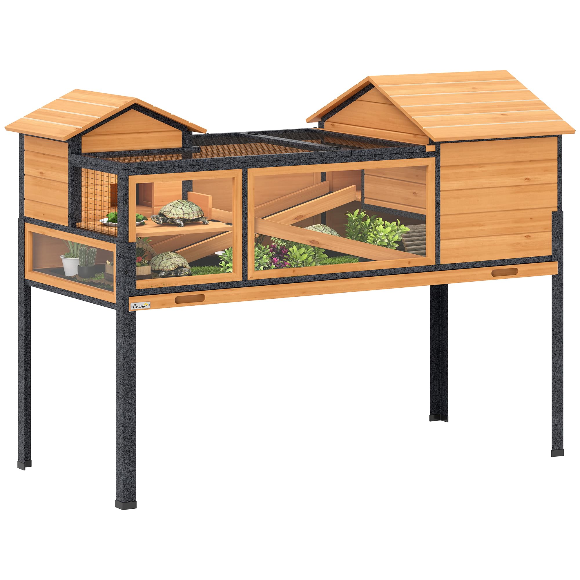 PawHut Maison pour Tortues, Habitat en Bois à 2 étages avec 2 Chambres, enclos intérieur extérieur avec rampes, Toit ouvrable et Plateau, Grande Cage pour Reptiles, 128x63x96cm, Jaune