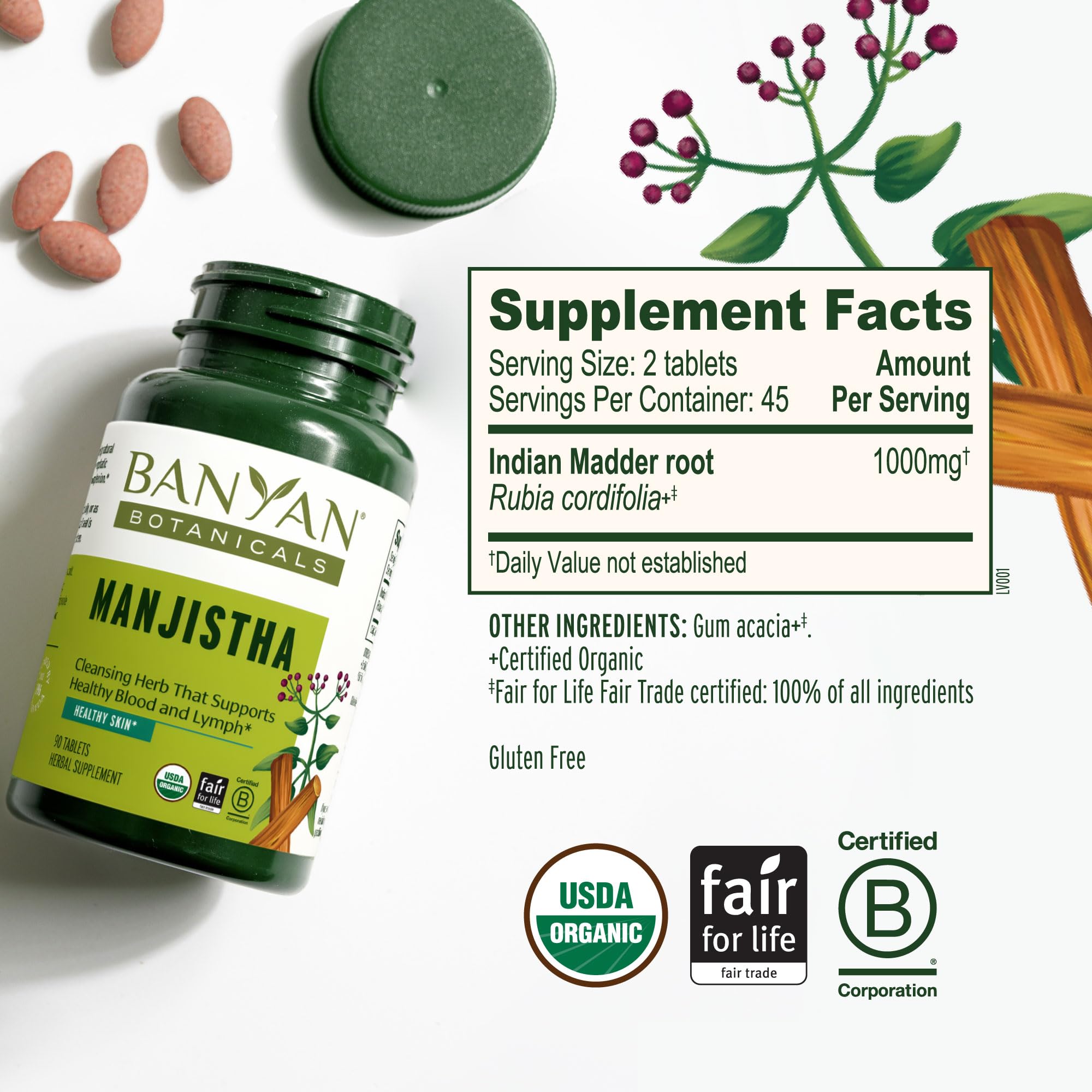 Banyan Botanicals Organic Manjistha – Natural Skin Support & Lymphatic Drainage Supplement – Red Root Blood Cleanse for Clear Complexion – 90 Tablets – USDA Organic, Fair Trade — Amazon image 5