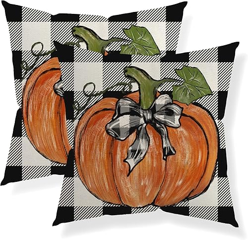 QANOK Juego de 2 fundas de almohada de otoño de 20 x 20 pulgadas, decoración de otoño, a cuadros, calabaza, para exteriores, otoño, Acción de