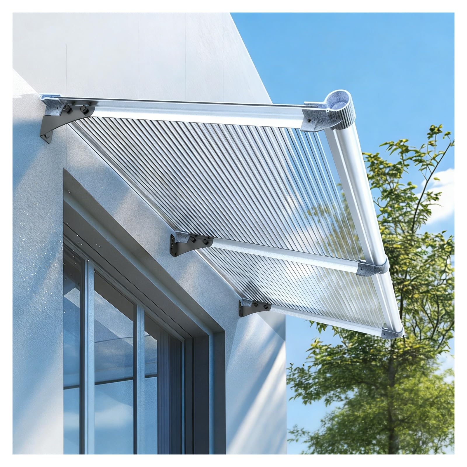 Auvent de porte en polycarbonate avec drainage pour abriter une entrée contre la pluie et la neige