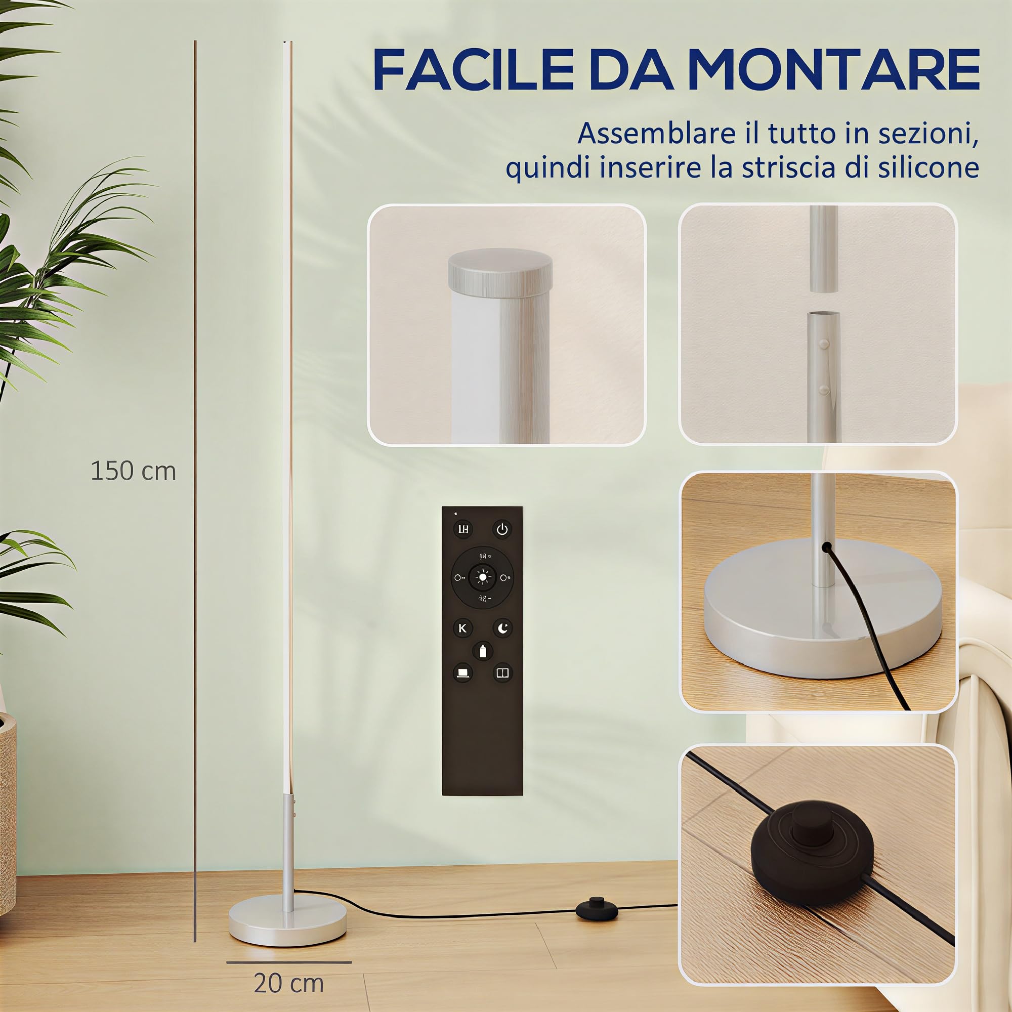 HOMCOM Lampada da Terra LED Alta 150 cm Luminosità Regolabile Argento | Temperatura Colore Regolabile, Telecomando Magnetico, Timer, Interruttore a Pedale