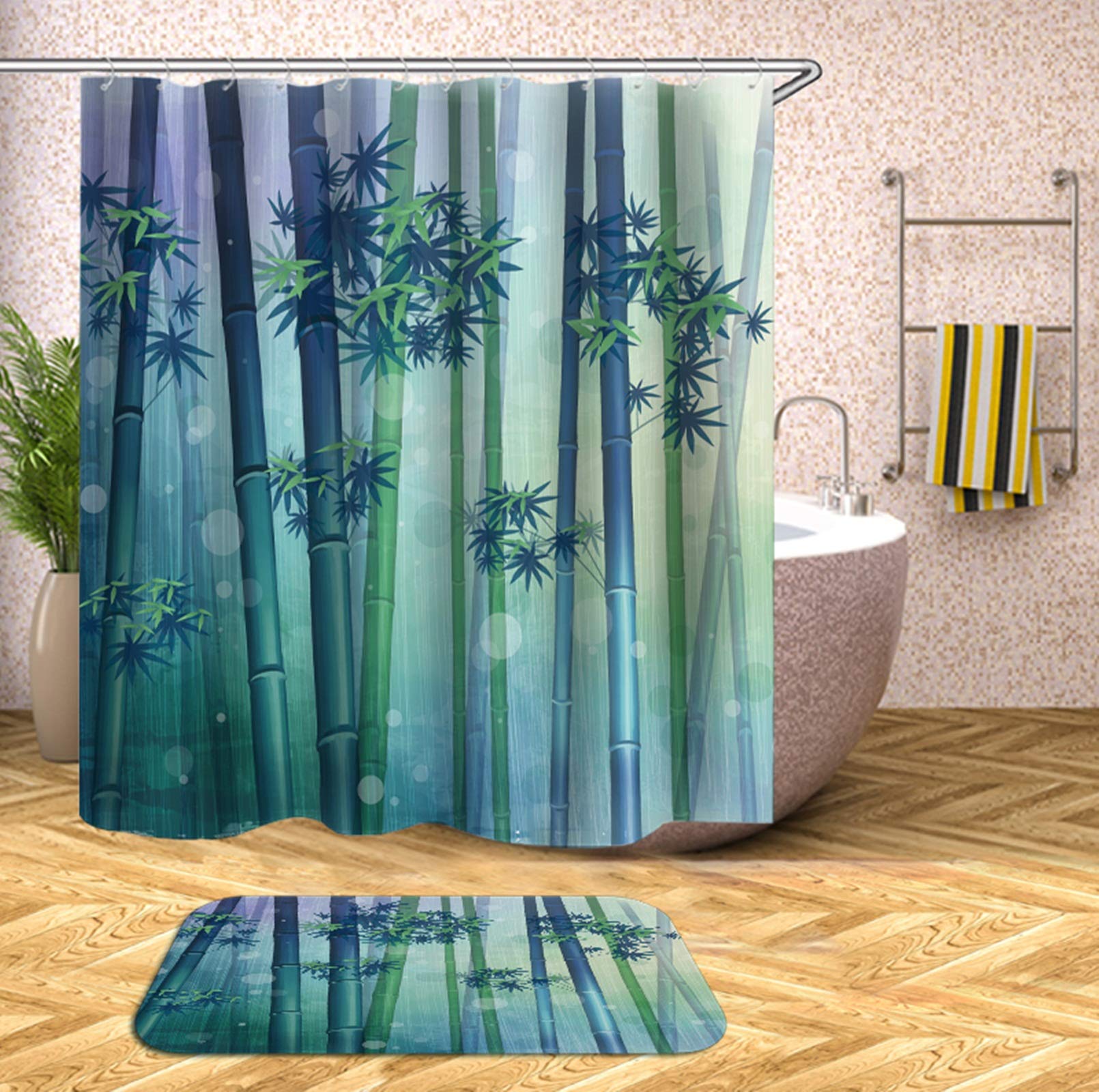 KnSam - Cortina de Ducha y Alfombrilla antimoho de poliéster con diseño de Bosque de bambú + Alfombrilla de baño + 12 Anillas para Cortinas de Ducha