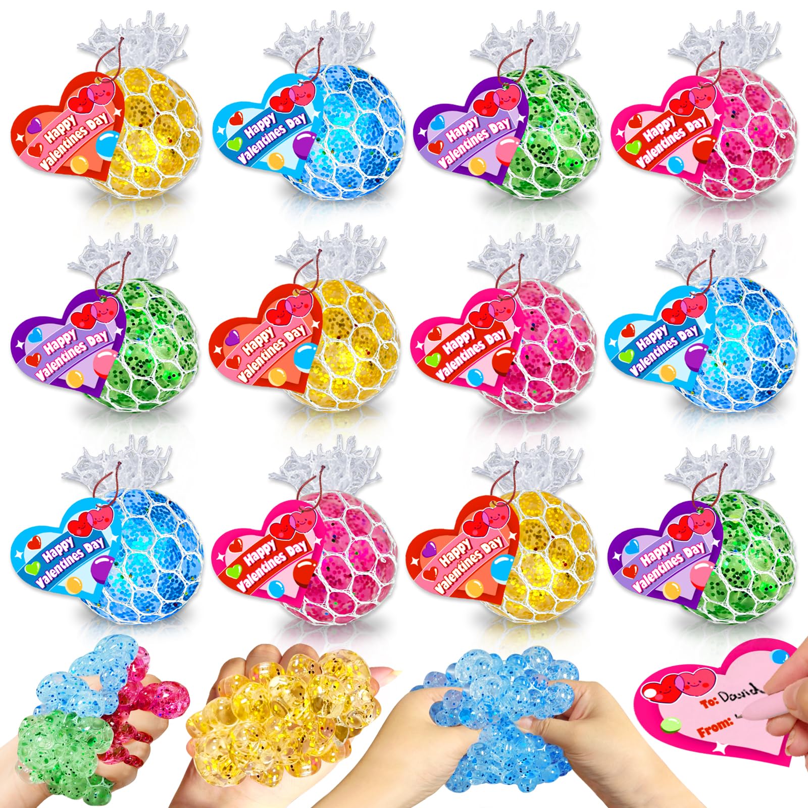 Valentines Day Gifts for Kids Teens 24 Pack Fidget Stress Balls with Valentine Cards Heart Stress Relief Toys Squeeze Balls for Boys Girls Classroom