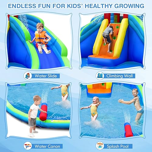 Miniatura 3 de HONEY JOY Toboganes acuáticos inflables, casa de rebote para niños con toboganes largos, pared de escalada y piscina de salpicaduras de lagre,