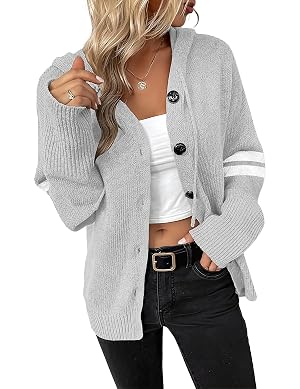 WROLEM Womens Casual Cardigan V Neck Button Down Hooded Sweaters Long Sleeve Hoodies Outfits