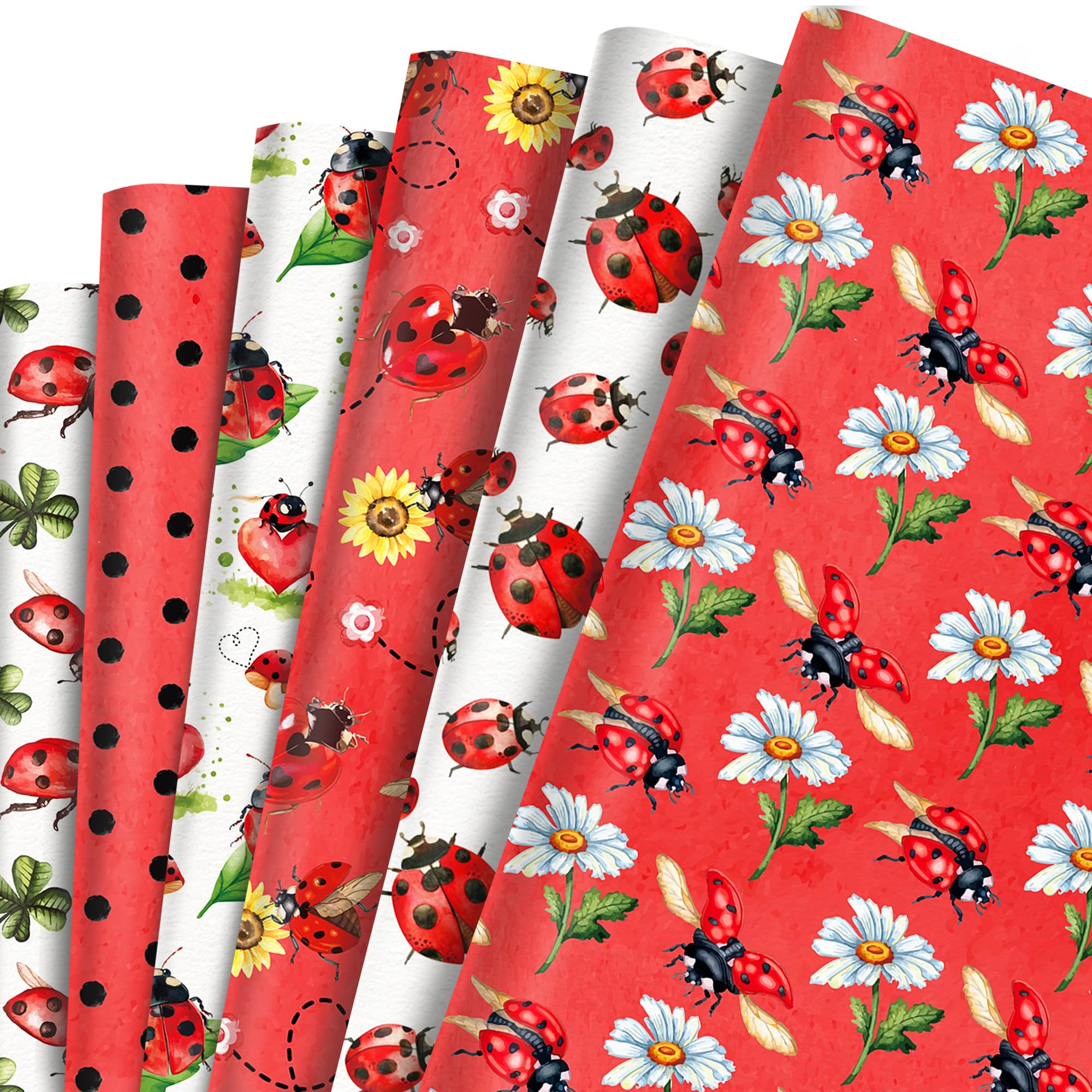12 Sheets Ladybug Insect Wrapping Paper, Red Polka Dot Flowers Wrapping Paper Roll, Gift Wrap for Birthday Bridal Baby Shower Wedding Valentines Christmas Party Supplies, 6Styles