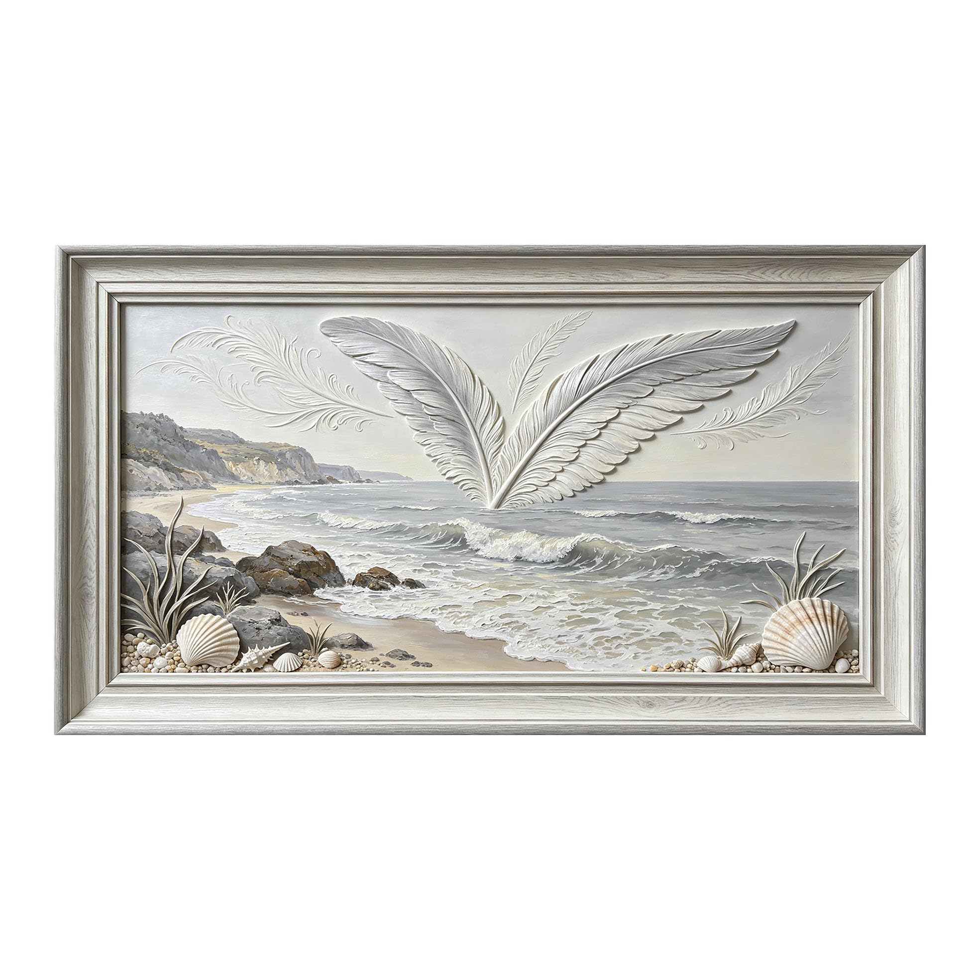 Murasolite 3D Framed Wall Art Coastal Seaside Landscape Relief Effect SelfAdhesive Fabric Mural Wall Decor， Peel and Stick No Damage to Wall， AntiFall Safe Design for Bedroom Living Room
