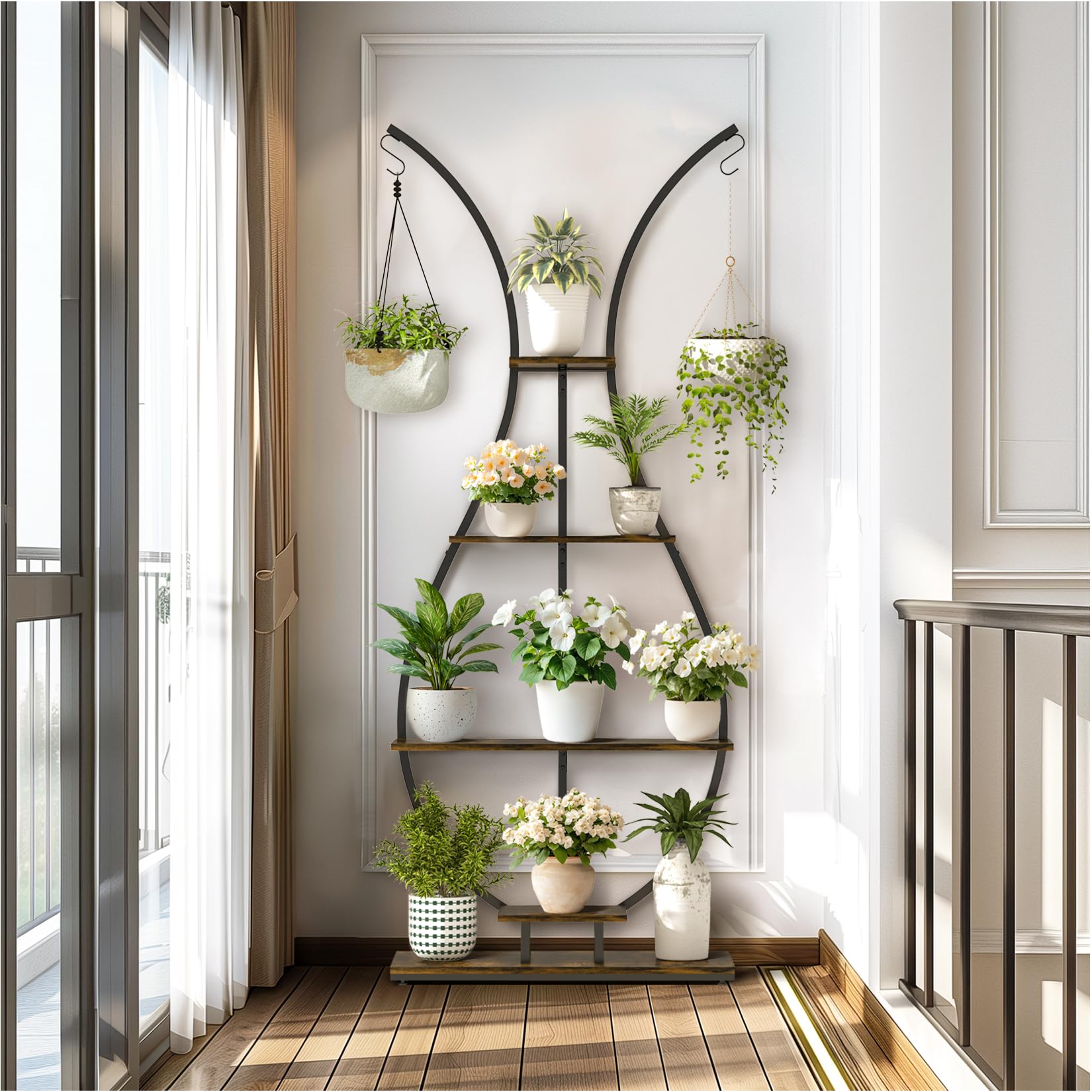unho Support de Plantes d’intérieur Designe: 74x30x181cm Étagère Plante en Métal Porte Fleur pour Salon Balcon Présentation avec Dispositif Anti-Renversement - Brun Rustique et Noir