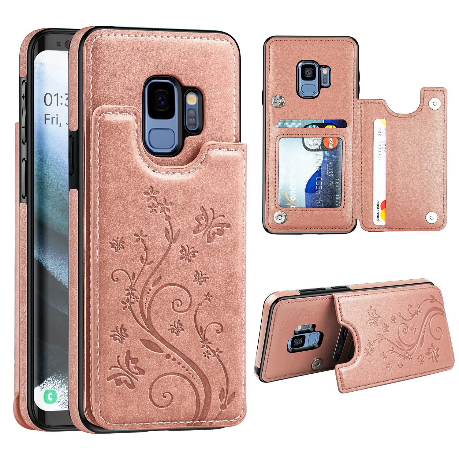 Korecase Samsung Galaxy S9 Butterfly Leather Case with Card Slots -Rose Gold