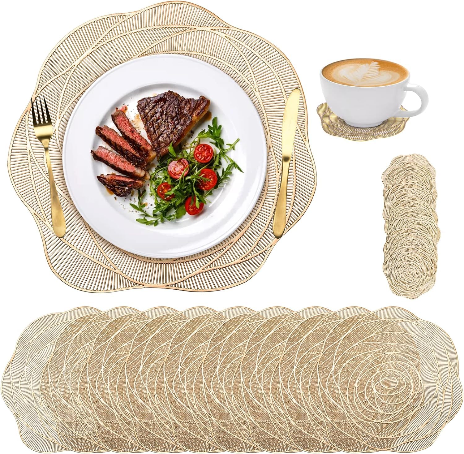 Lyellfe Set of 10 Gold Pressed Vinyl Placemats, 15 Inch Metallic Placemats with Coasters, Non-Slip Washable PVC Chargers Placemat for Dining Table, Wedding, Holiday, Party