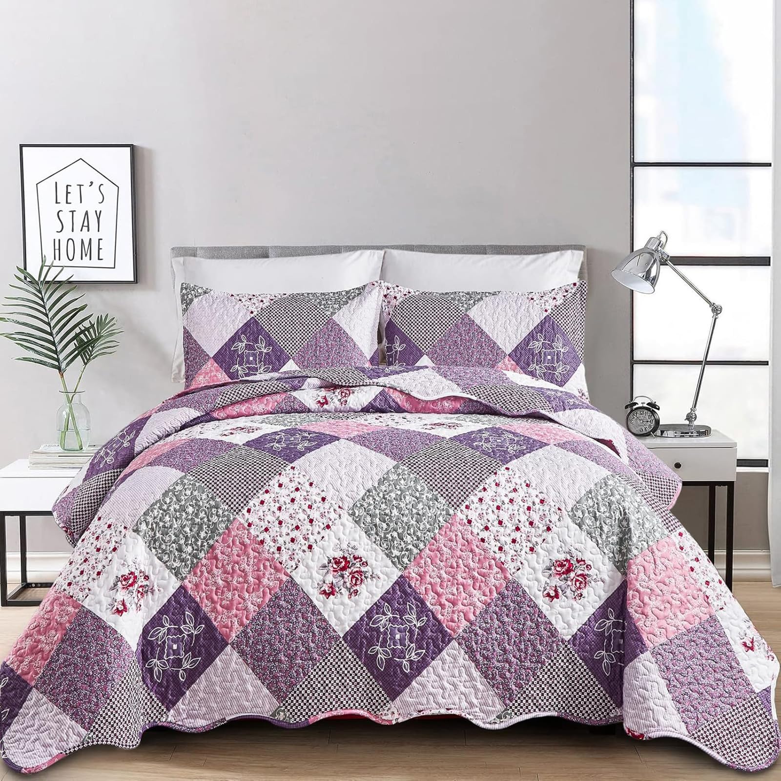 Dinjoy Set Biancheria Letto Reversibile King Size – Patchwork Floreale Blu/Verde/Grigio, 3 Pezzi