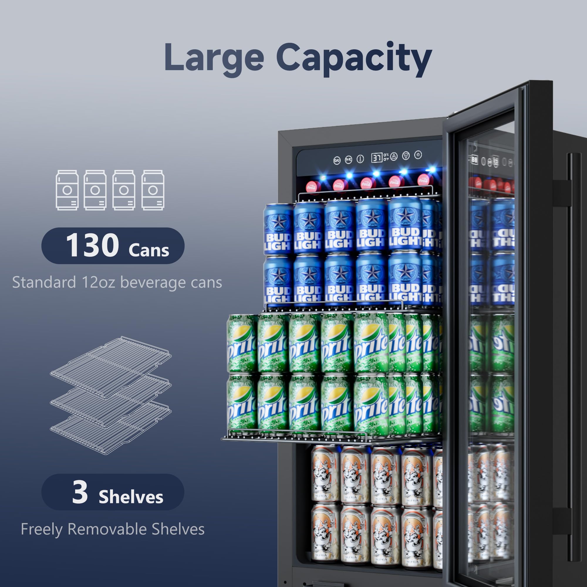 ICEVIVAL 15 Inch Beverage Fridge, 132-Can Capacity Under Counter Refrigerator with Blue LED Display, Beverage Refrigerator with Glass Door & Adjustable Shelves for Home, Bar, Office (Black) on Fridge.com