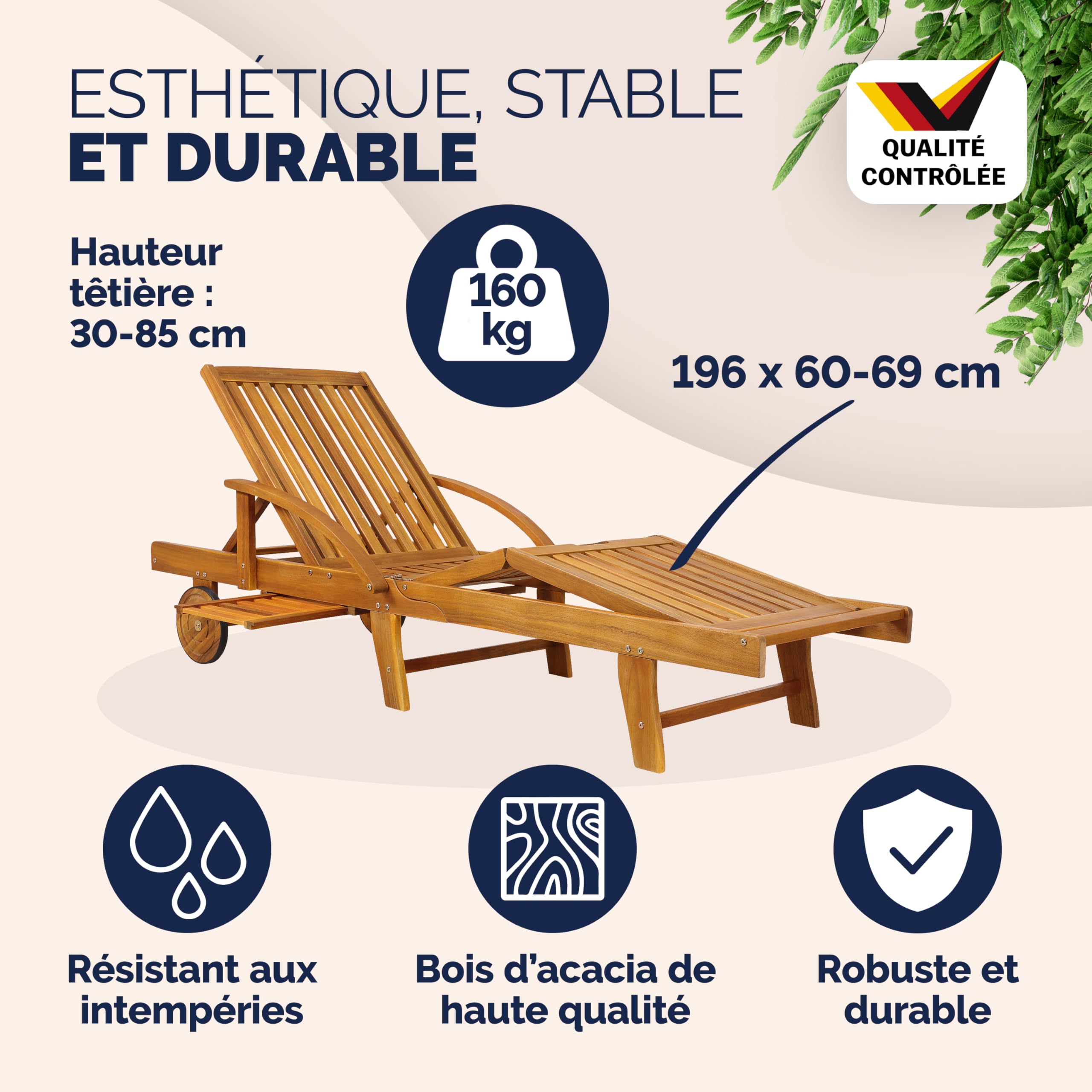 Casaria® 2X Chaise Longue Jardin Exterieur Tami Sun en Bois D Acacia Chaise Pliante avec Roues Type Transat Bain De Soleil Chaise Bois pour Salon De Jardin Exterieur