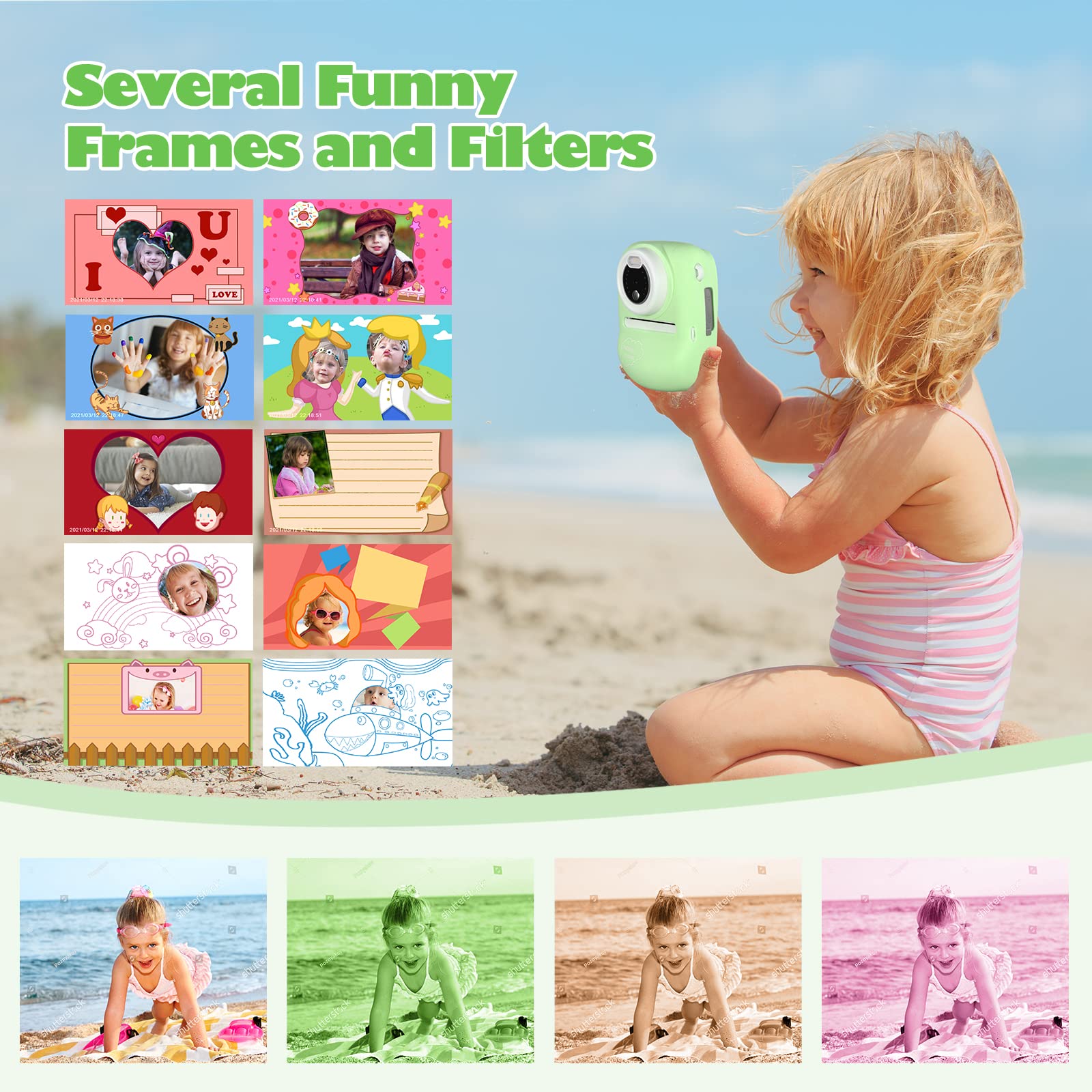 Cámara Infantil, 30 MP, cámara instantánea para niños, impresión en Blanco y Negro, Foto con Pantalla de 1080P de 2,4 Pulgadas, cámara Digital para niños con Tarjeta TF de 32 G, Doble cámara, Verde