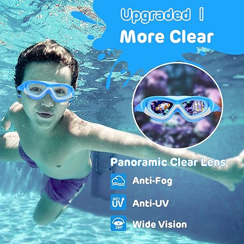 Miniatura 3 de Vvinca Gafas de natación para niños de 3 a 12 años, diseño mejorado 2022 con tapón para la oreja y la nariz, visión amplia, antivaho sin fugas,