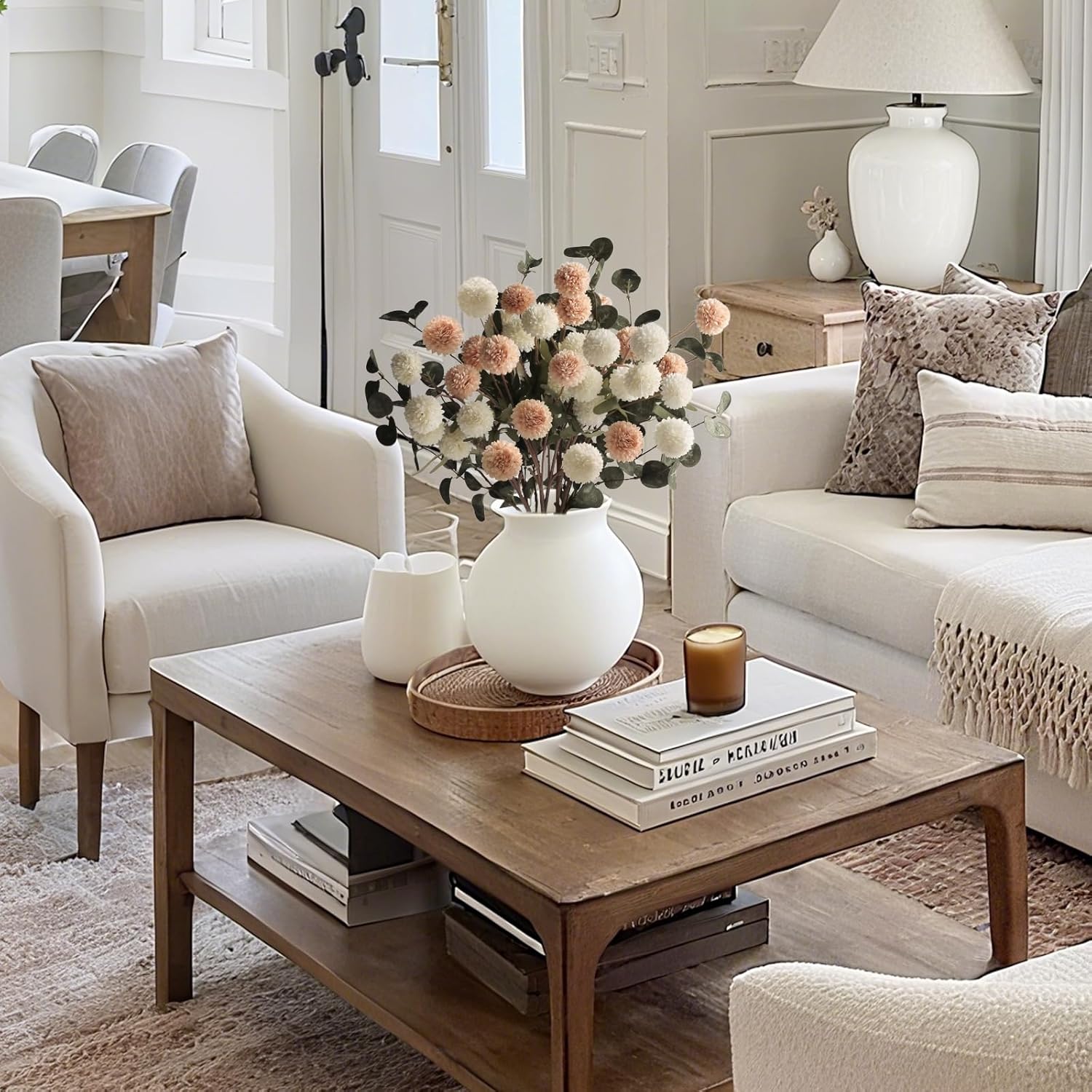 Beige White Faux Kiku Flower 25 Heads+18 Eucalyptus, Long Stem Pom Pom Fake Mums Artificial Flowers for Vase Silk Chrysanthemum for Centerpiece Bouquet Floral Arrangement Tan Nude Neutral Cream - Image 6