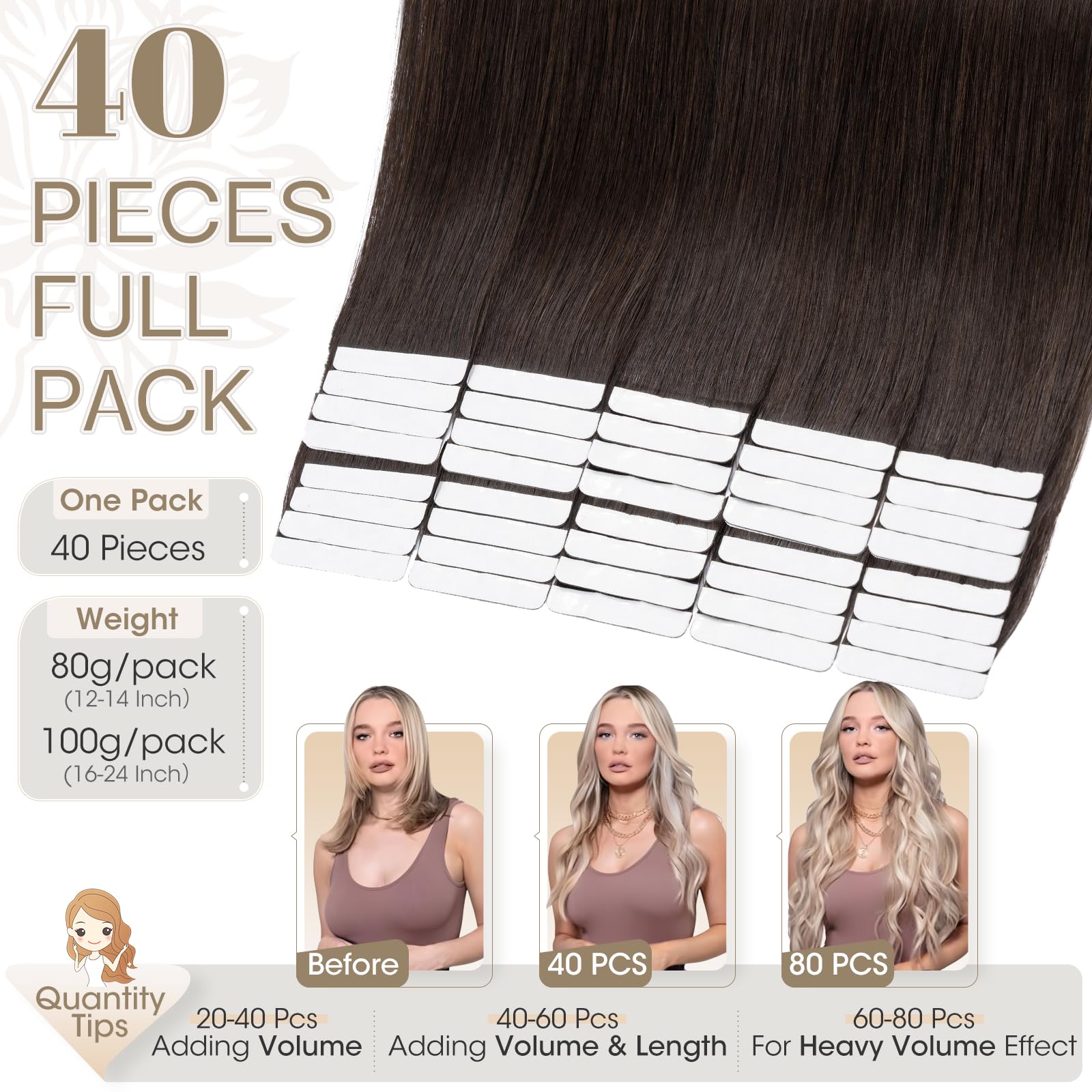 Elailite Tape in Hair Extensions Real Human Hair Brown 40 Pcs 100g - Image 2