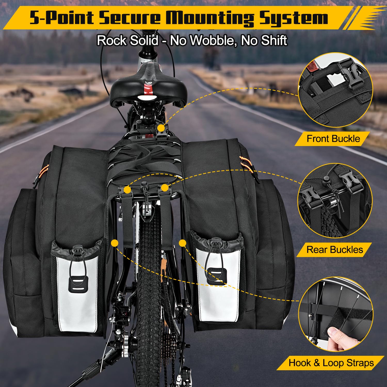 WOTOW Borsa da bici laterale - Borsa posteriore da 36L resistente all'acqua per portapacchi bici con strisce riflettenti e manici, borse da sella per bicicletta elettrica per ciclismo
