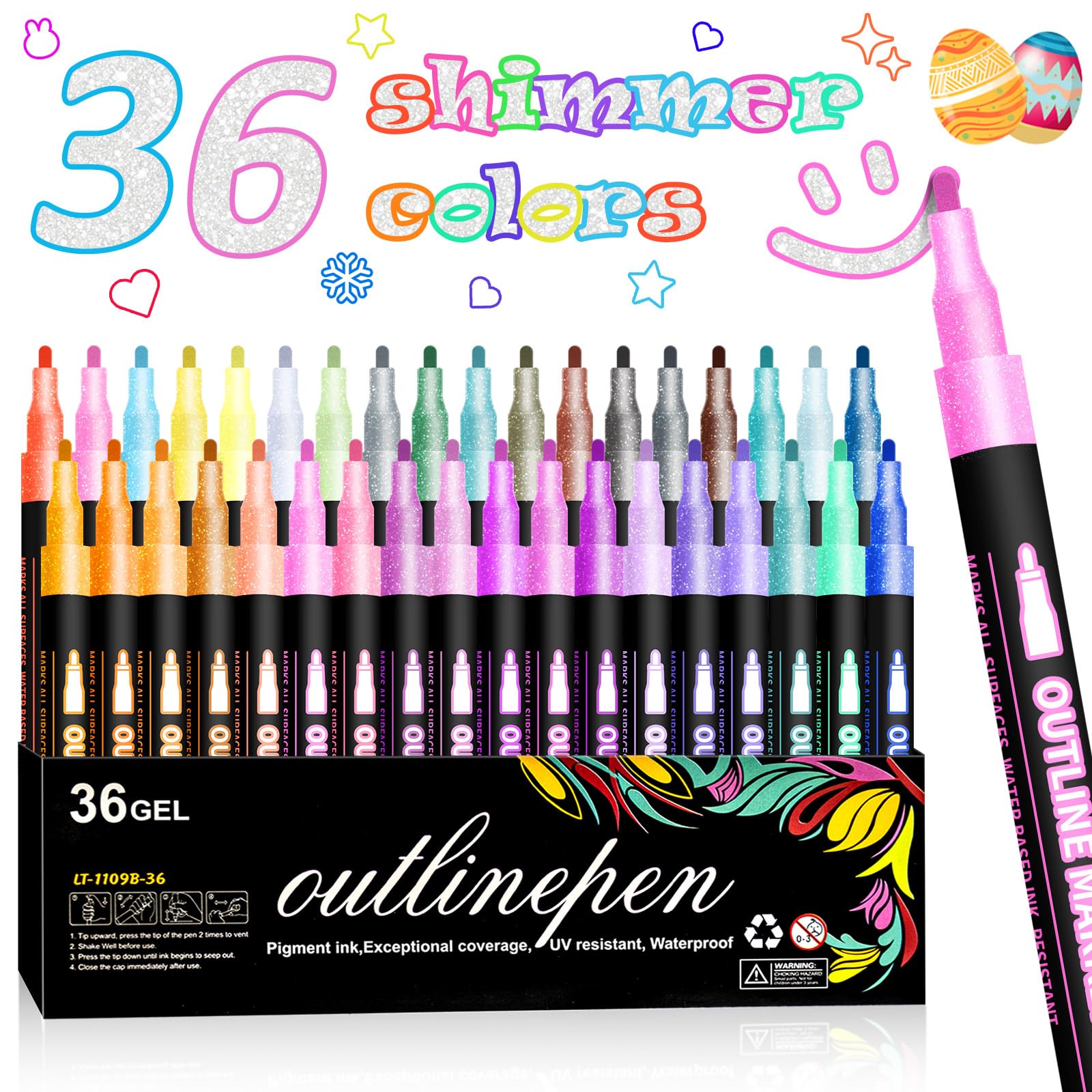 Glitter Metallic Markers Pens-36 Colors Double Line Pens for Shimmer Outlines Coloring Scrapbooking Card School Supplies Painting Craft - Presents for Adults Teenage Girls and Kids 8 -12 Year Old