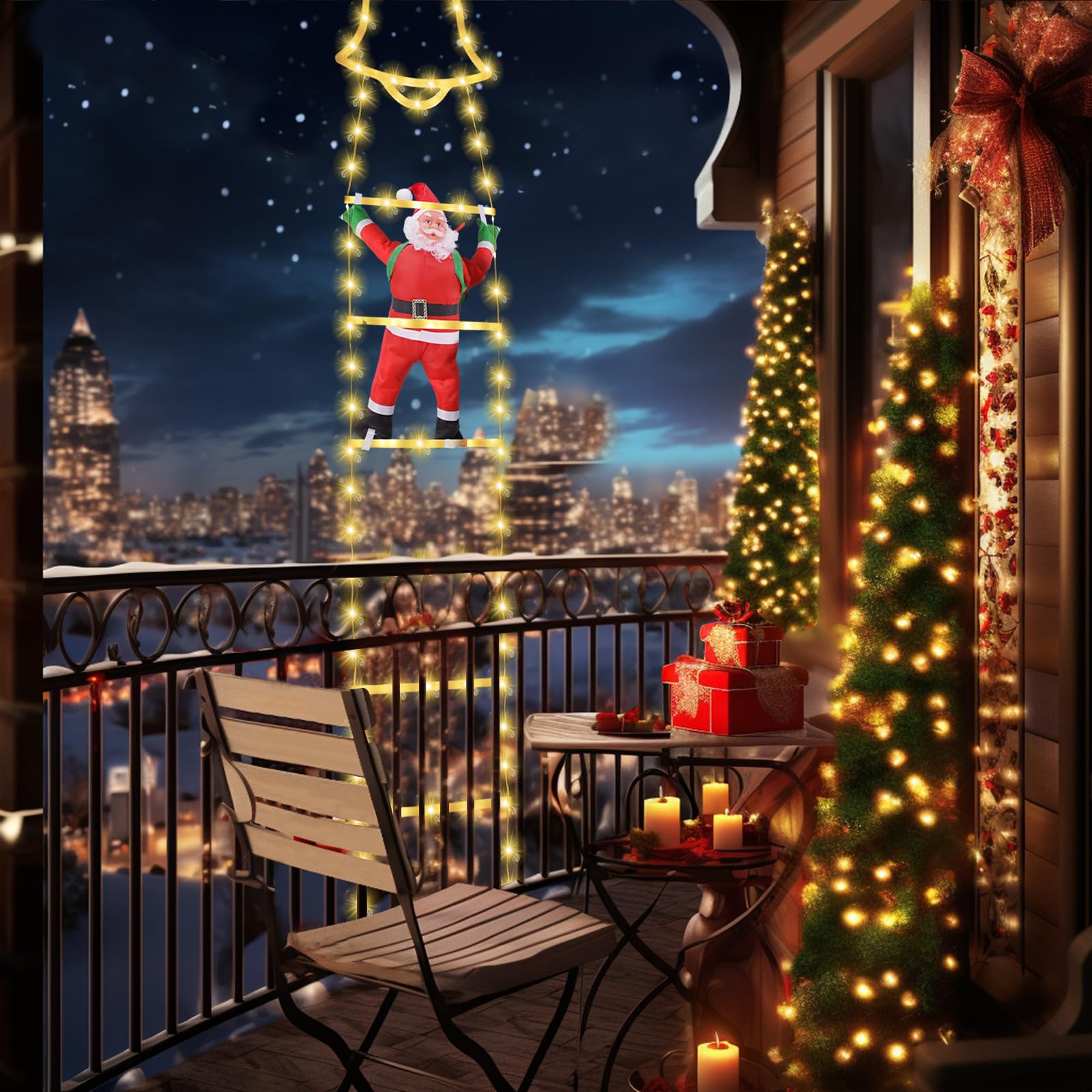 SelfTek Luci Decorative Natalizie a Scala con Babbo Natale Rampicante, Decorazioni Natalizie a LED con 8 Modalità di Luce per Interno, Esterno, Giardino (160cm/5.25ft, Bianco Caldo)