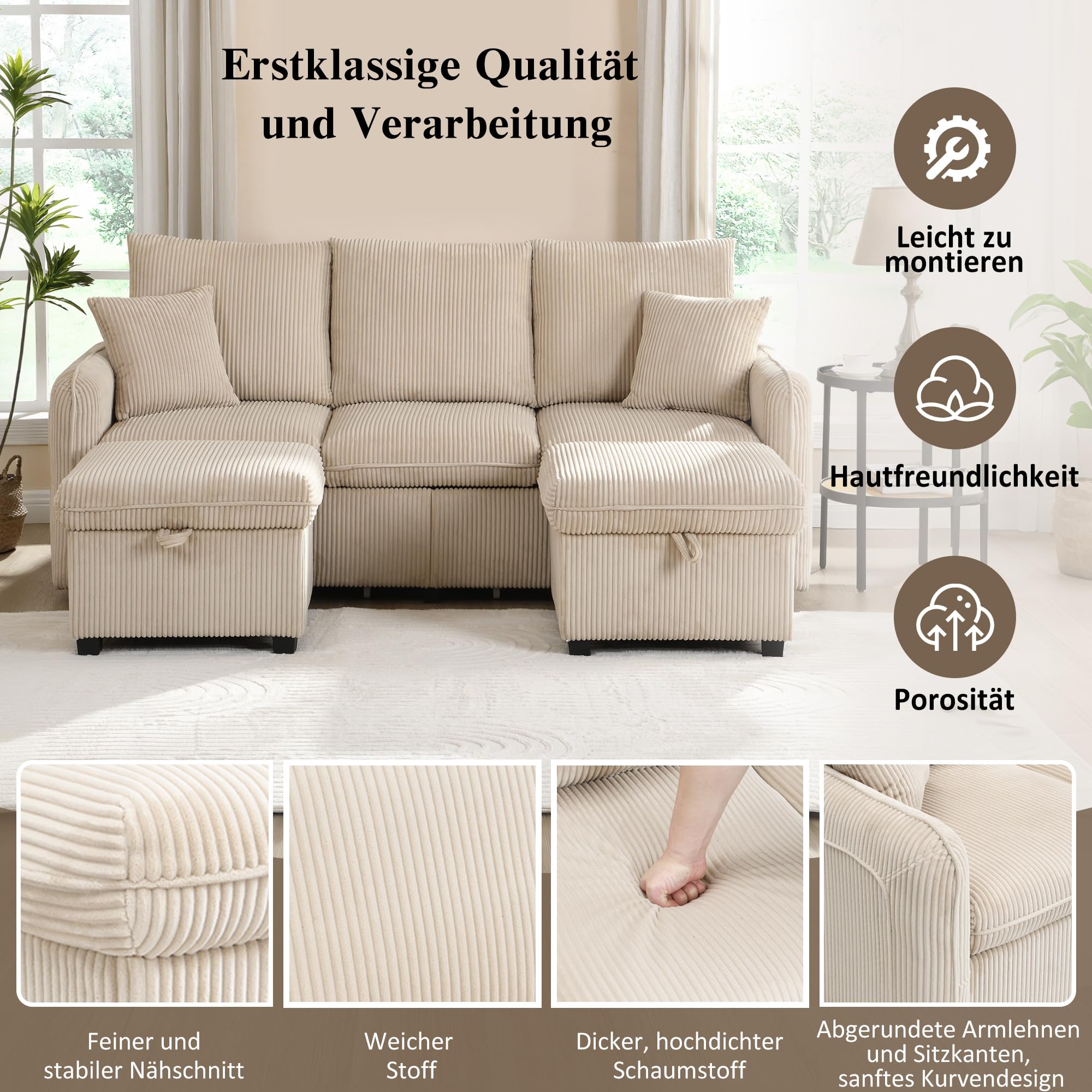 Merax Modulares 3-Sitzer Sofa-Set, Ecksofa in L-Form & U-Form mit 2 Stauraum-Hockern, Couch mit 2 Schubladen, Flexibel kombinierbare Wohnlandschaft aus Chenille, Beige